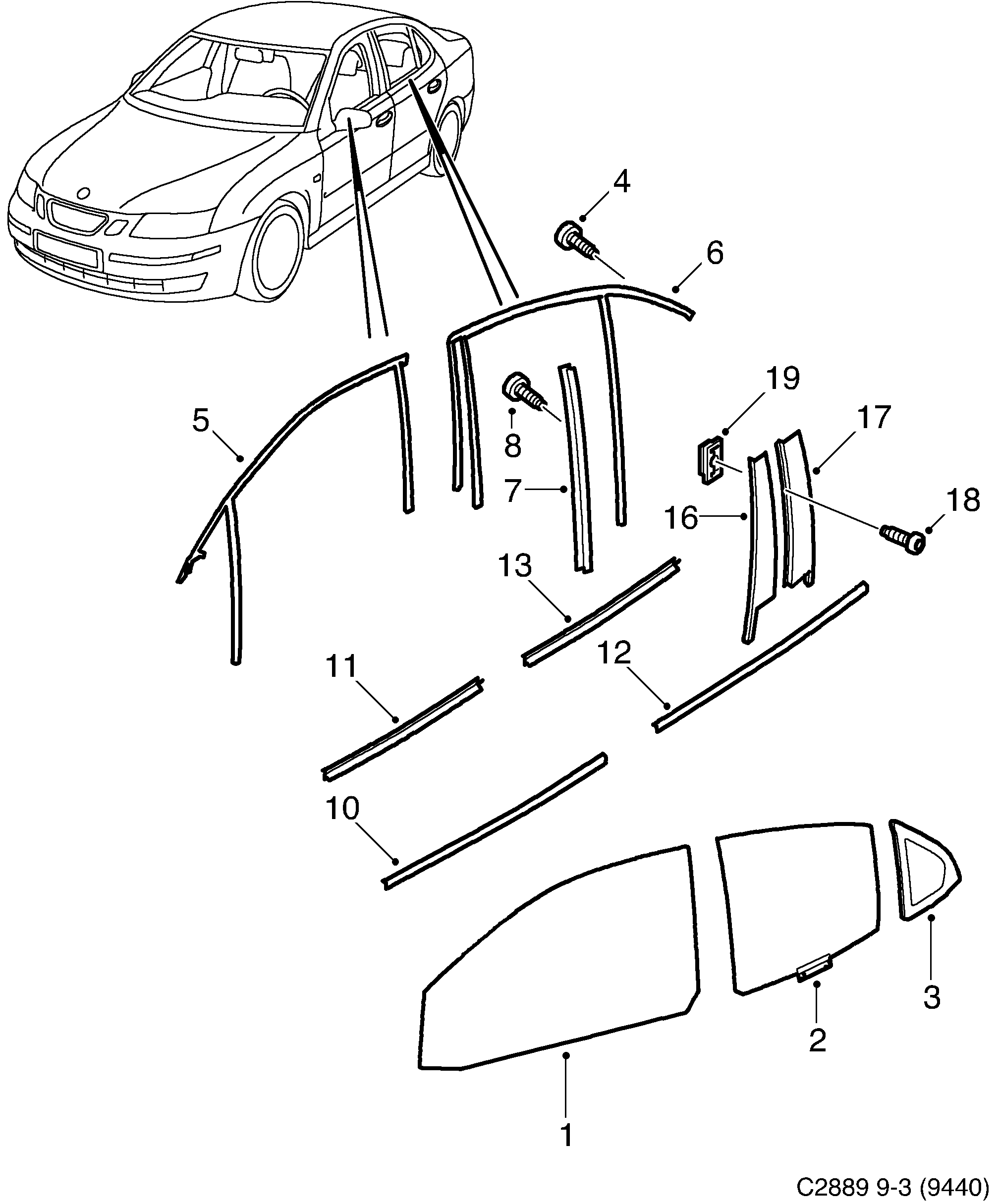 Saab 9-3 (9440) Doors and side windows diagram