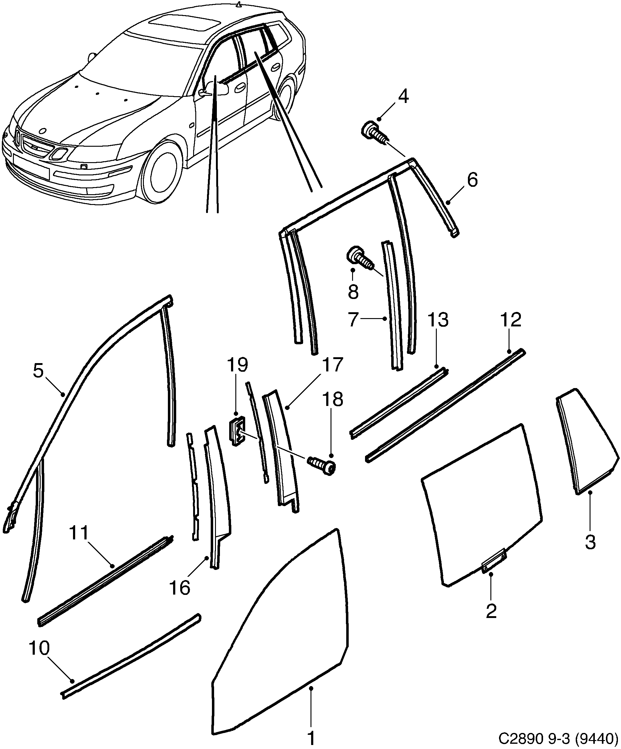 Saab 9-3 (9440) Doors and side windows diagram