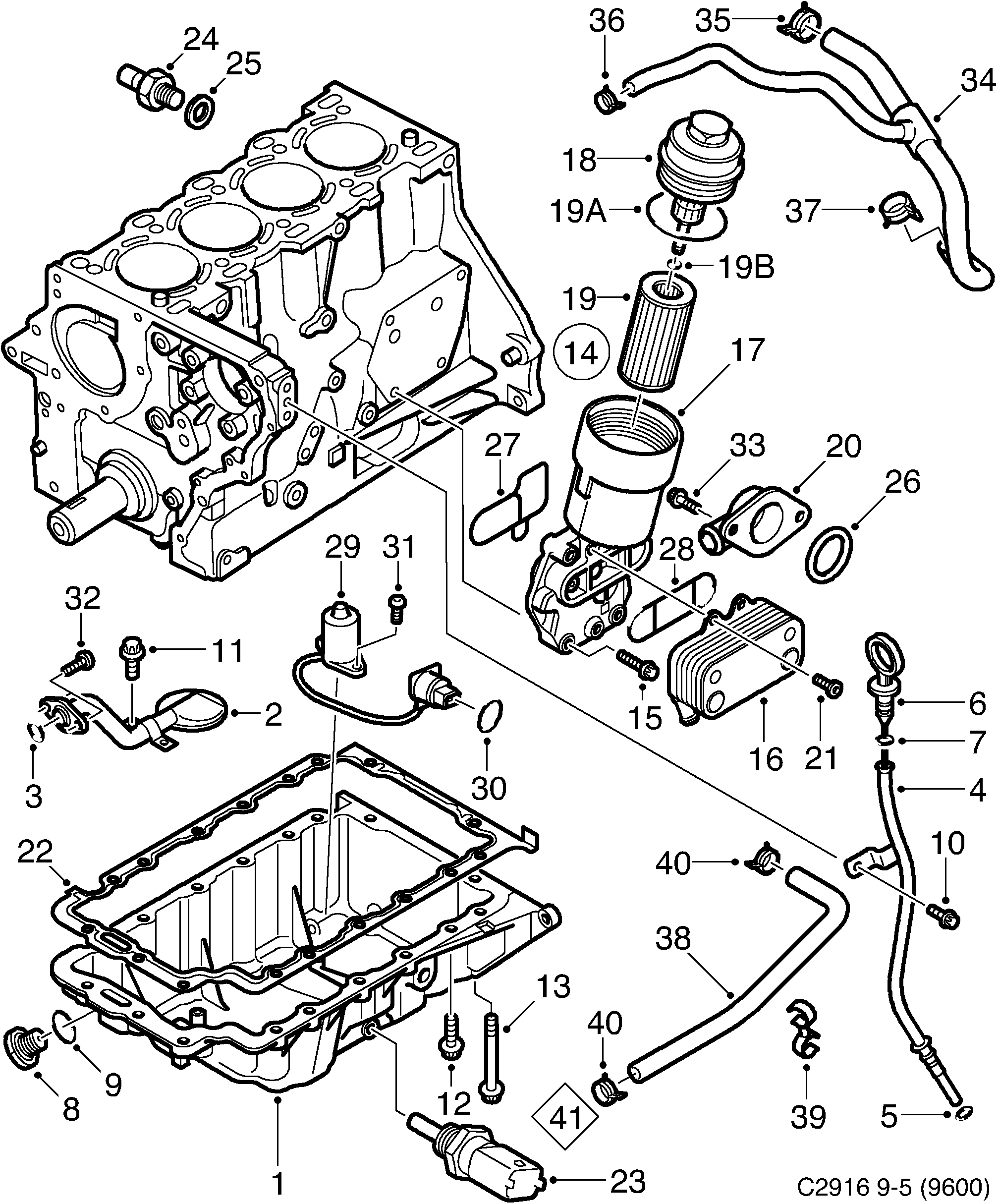 Saab 9-5 (9600) Oil pan, oil filter diagram