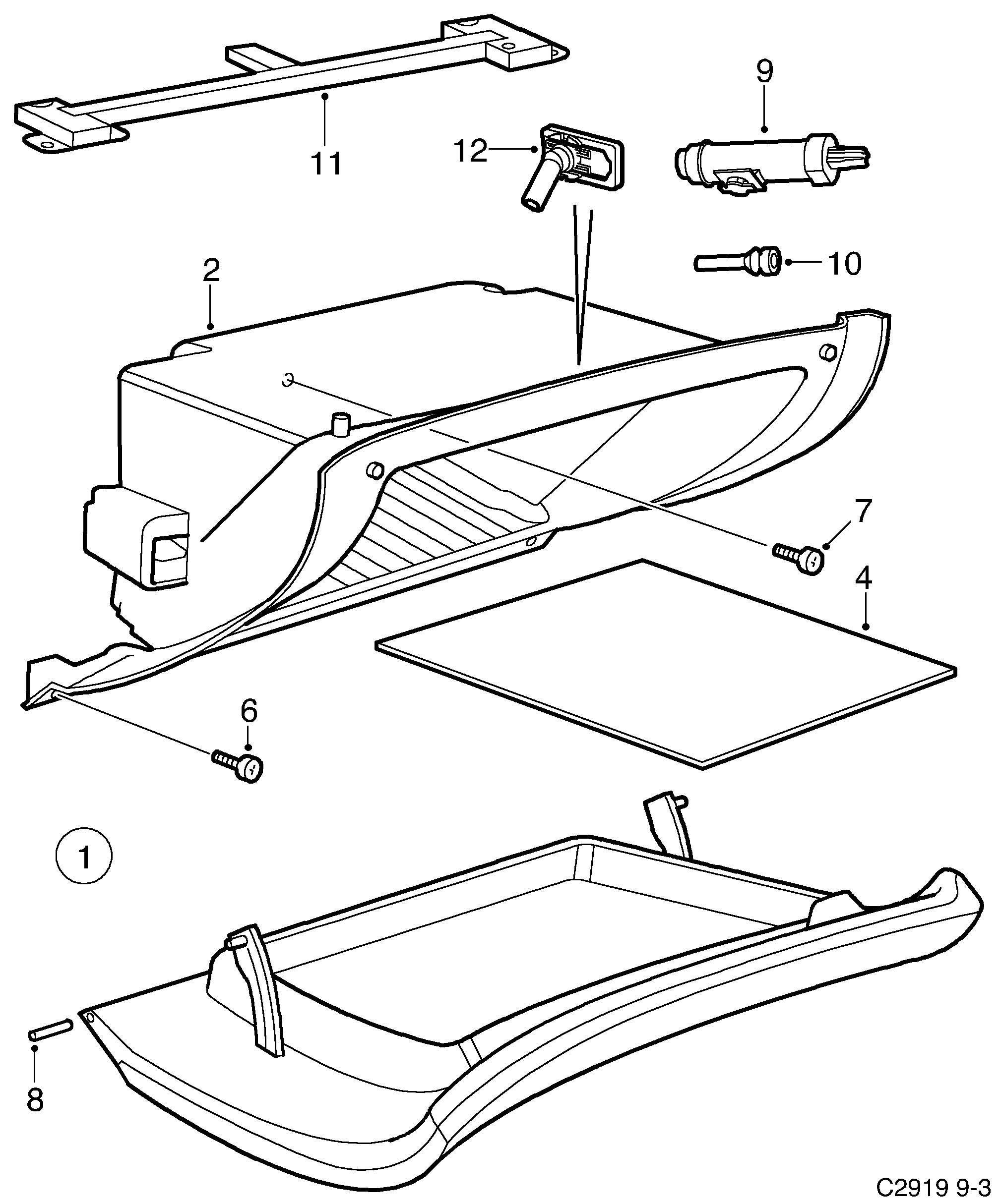 Saab 9-3 (9440) Glove compartment Panel lower diagram