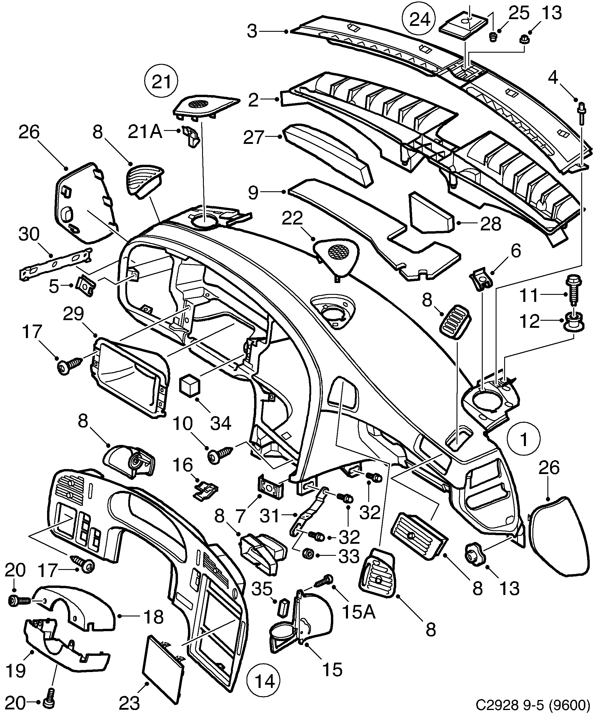 Saab 9-5 (9600) Panel Instrument plate diagram
