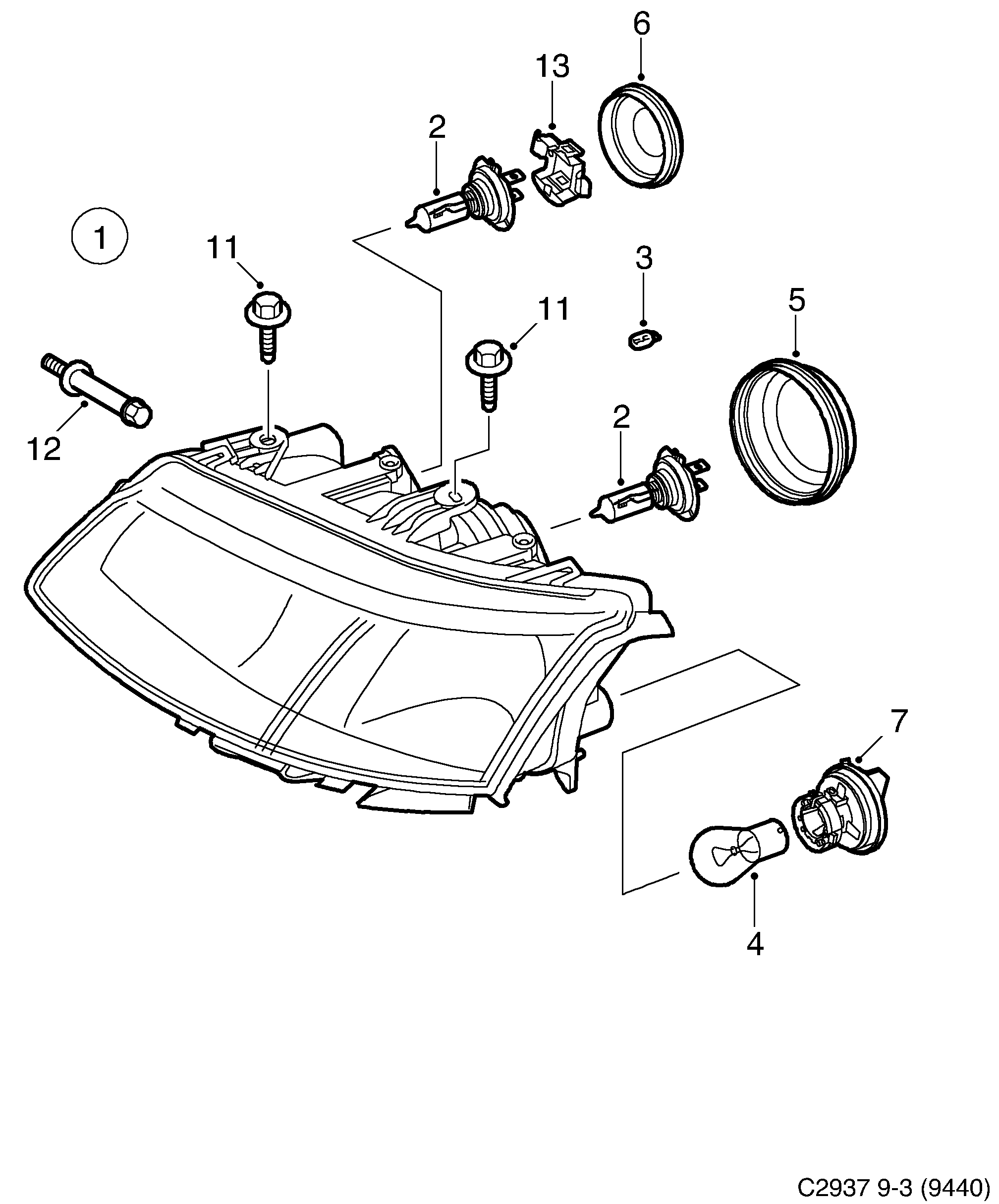 Saab 9-3 (9440) Headlamp diagram