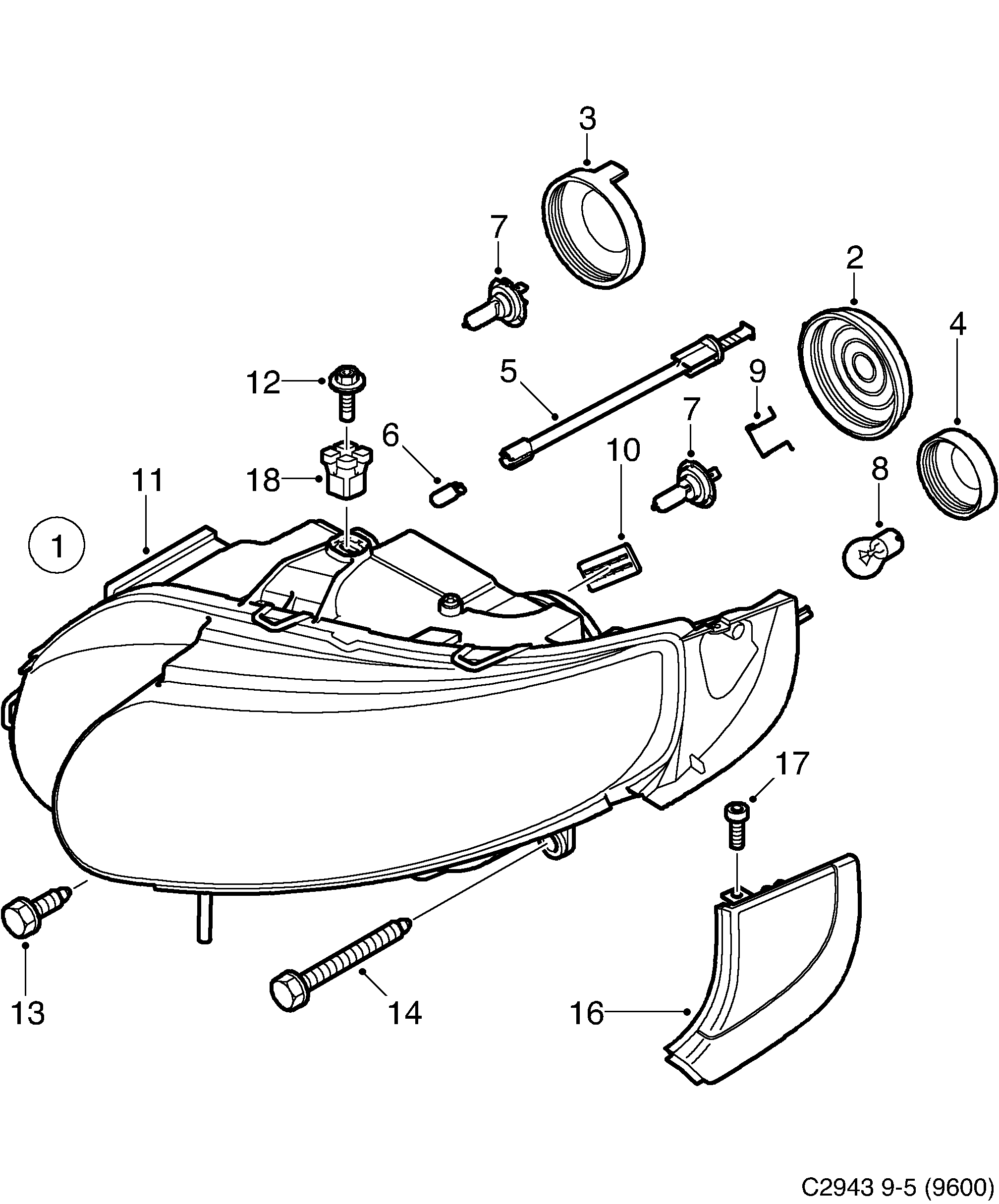 Saab 9-5 (9600) Headlamp diagram