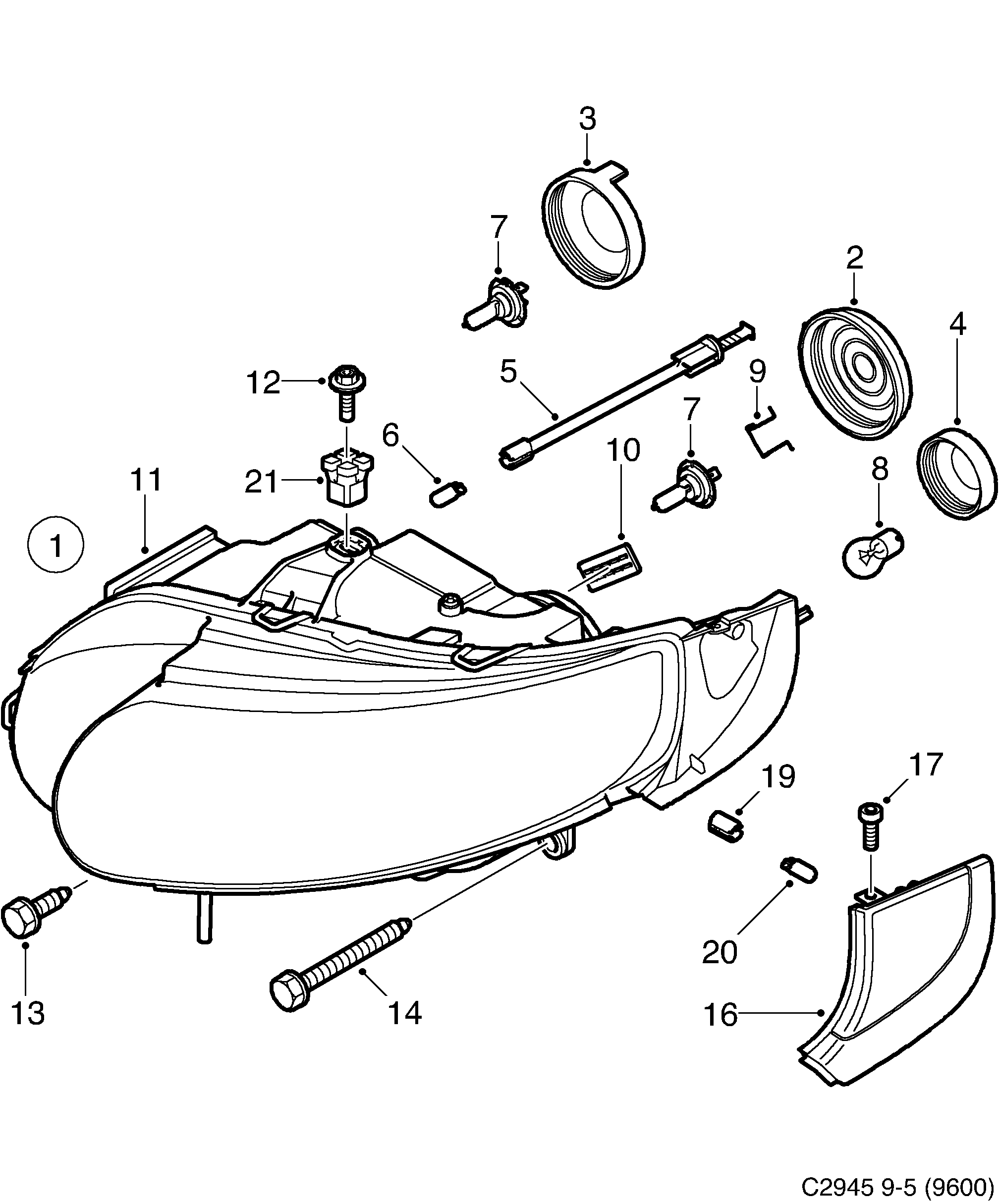Saab 9-5 (9600) Headlamp diagram