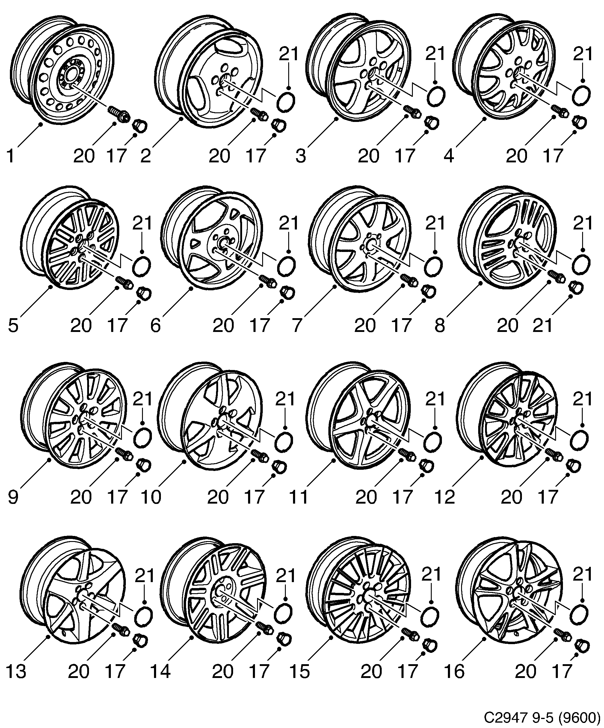 Saab 9-5 (9600) Wheel diagram