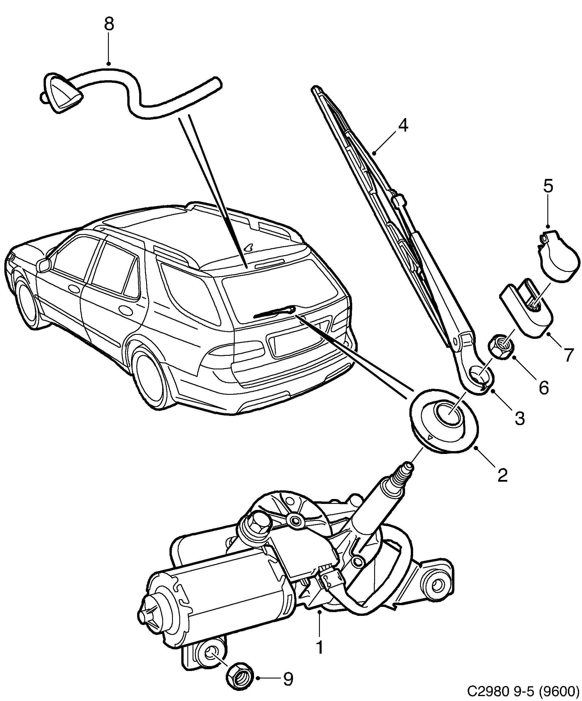 Saab 9-5 (9600) Rear window wiper diagram