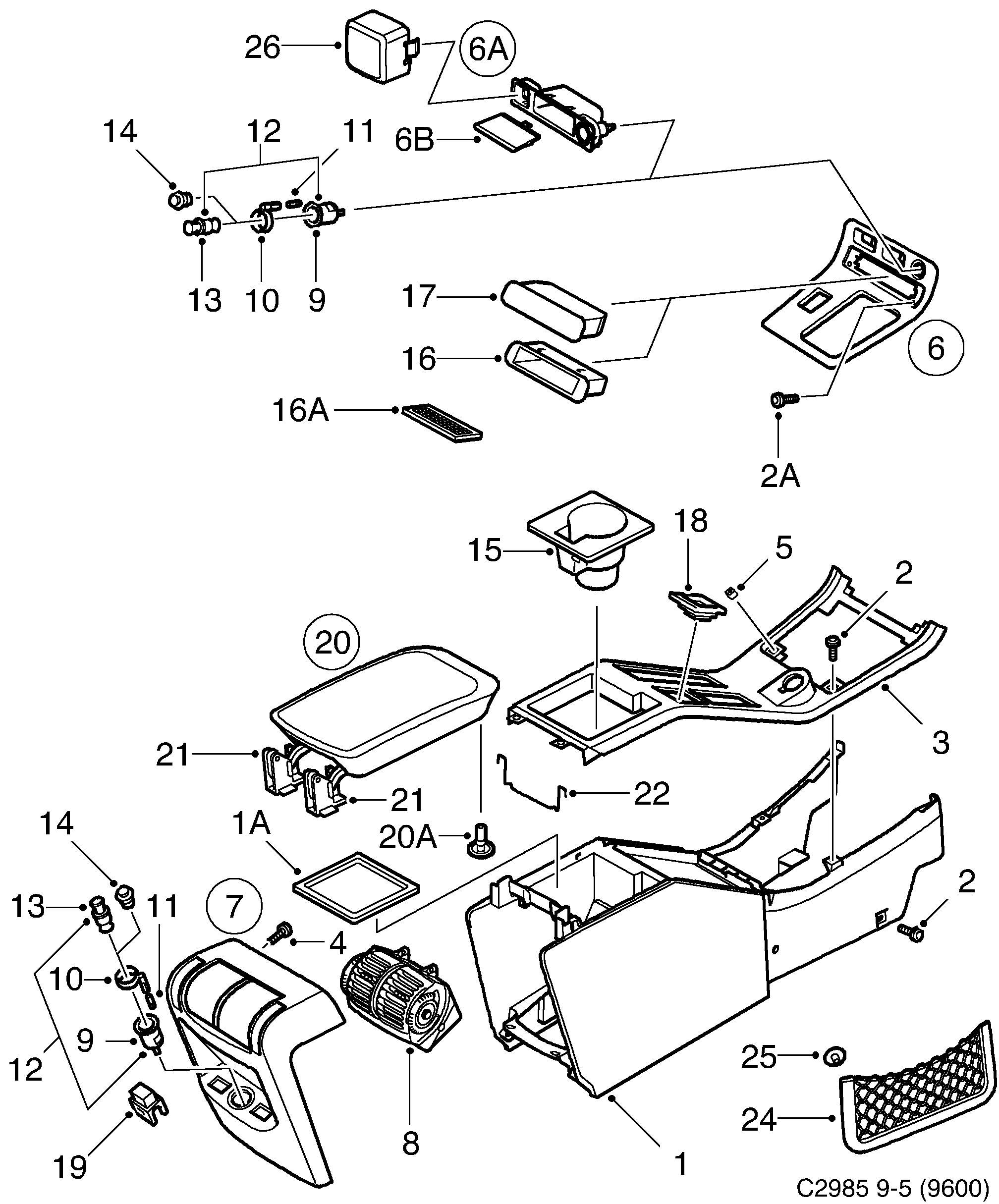 Saab 9-5 (9600) Centre console diagram