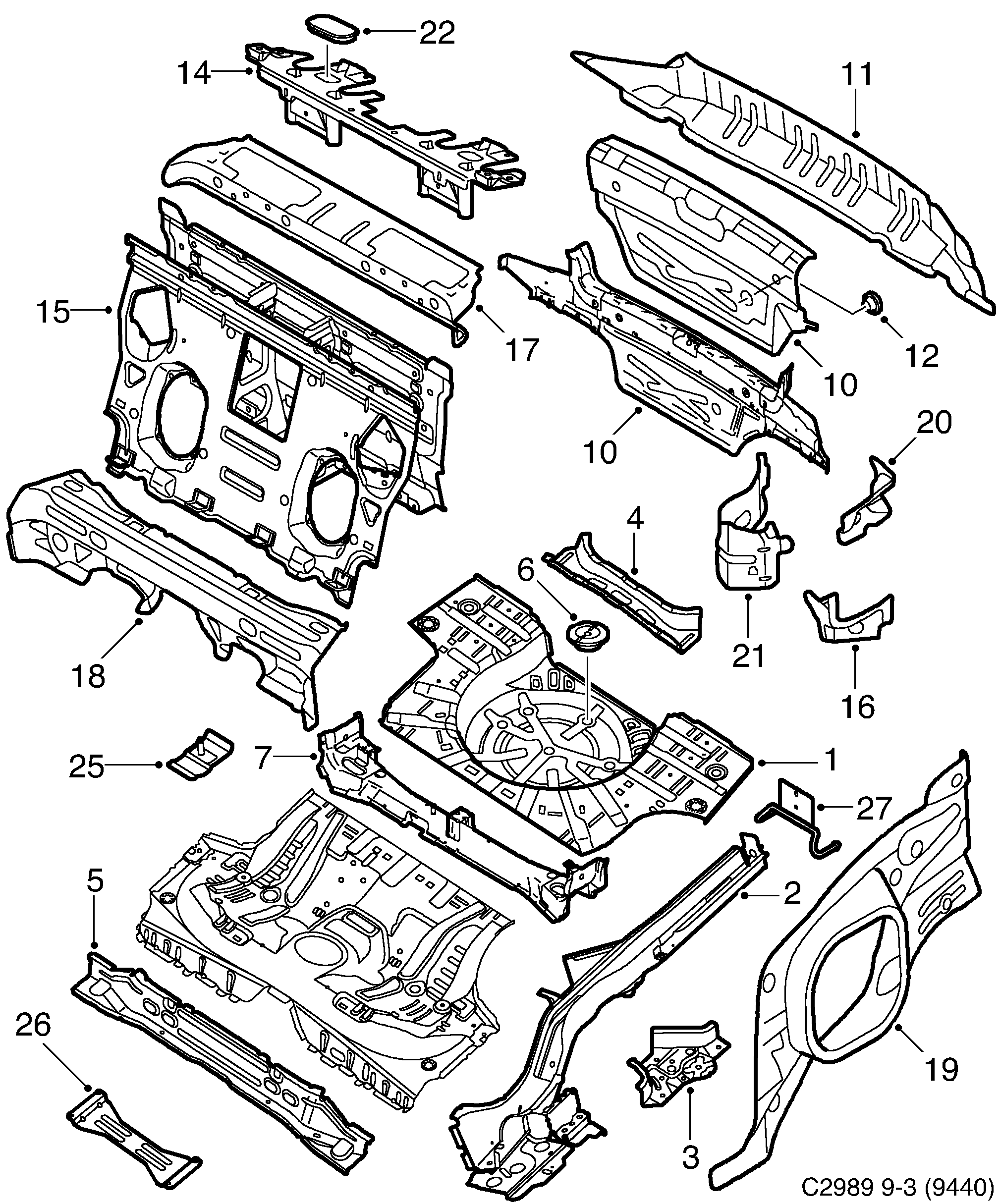 Saab 9-3 (9440) Rear floor diagram