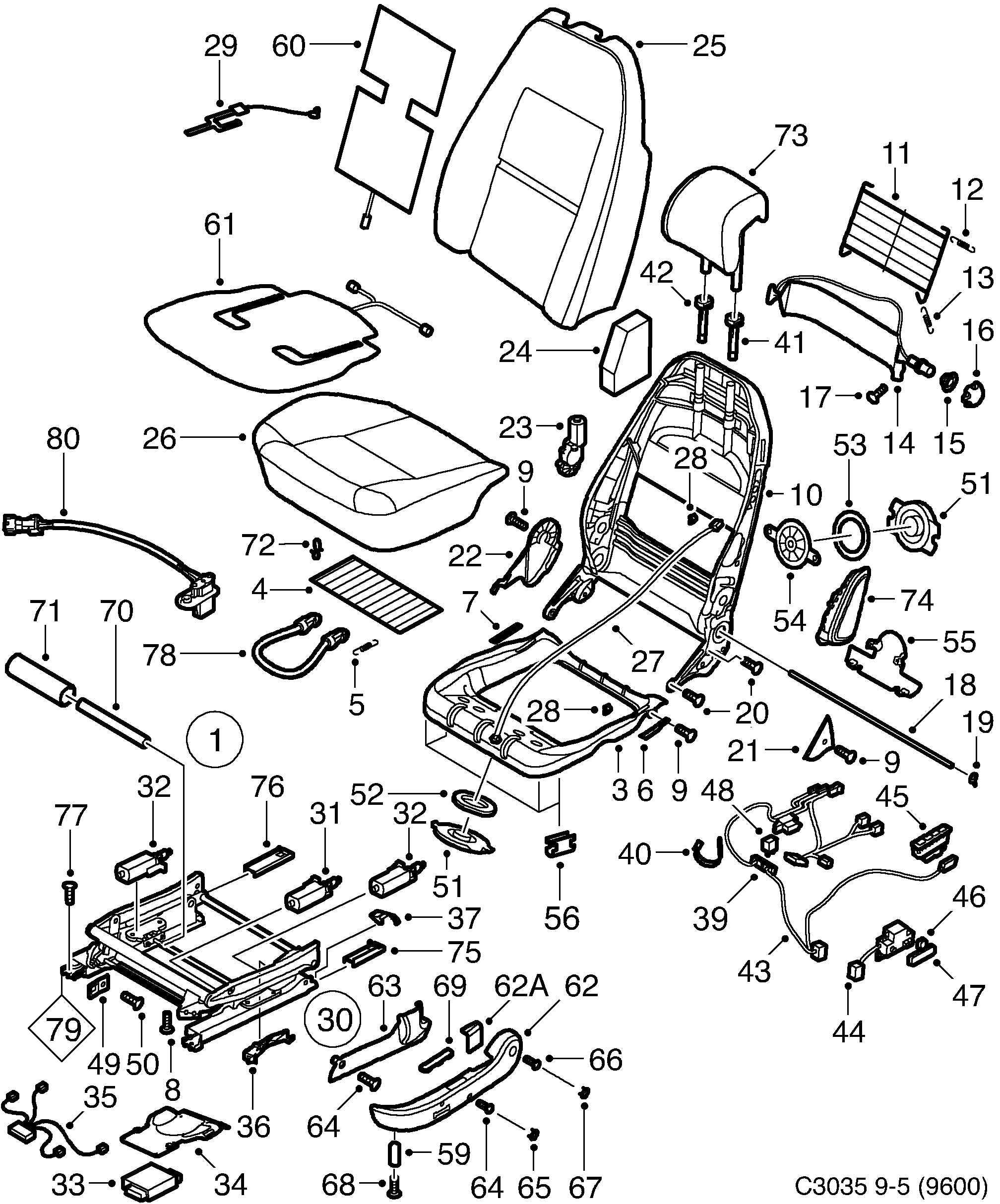 Saab 9-5 (9600) Seat Electrically adjustable diagram