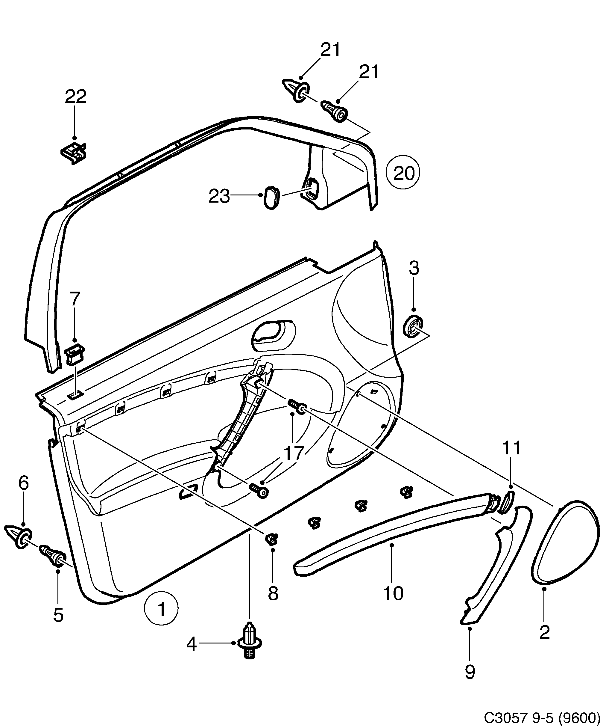 Saab 9-5 (9600) Door panel Front door diagram