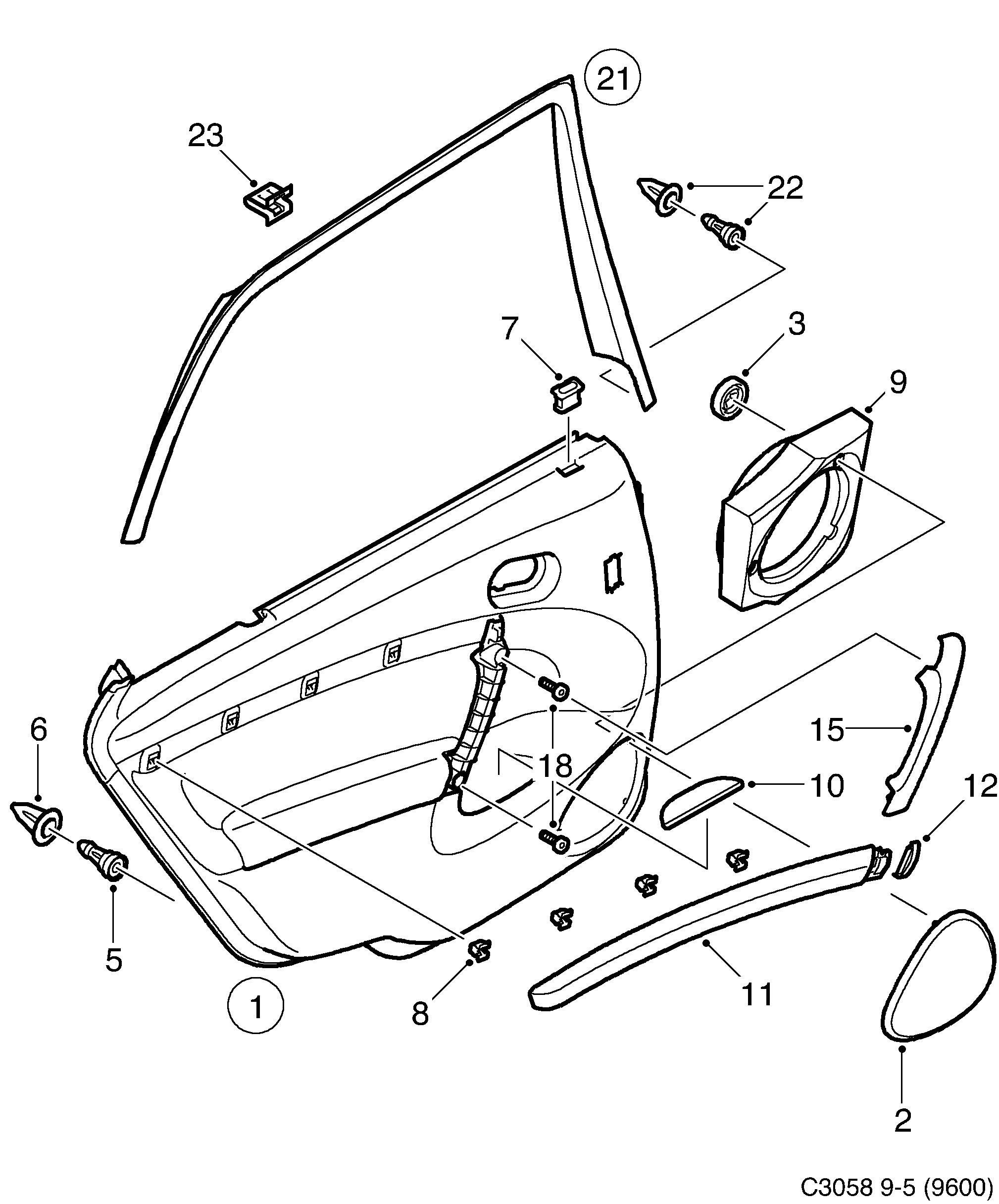 Saab 9-5 (9600) Door panel Rear door diagram