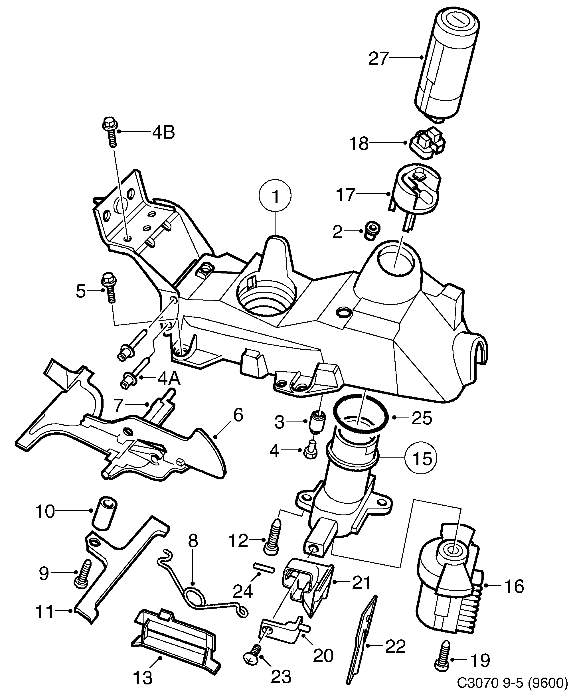 Saab 9-5 (9600) Gear shift housing diagram
