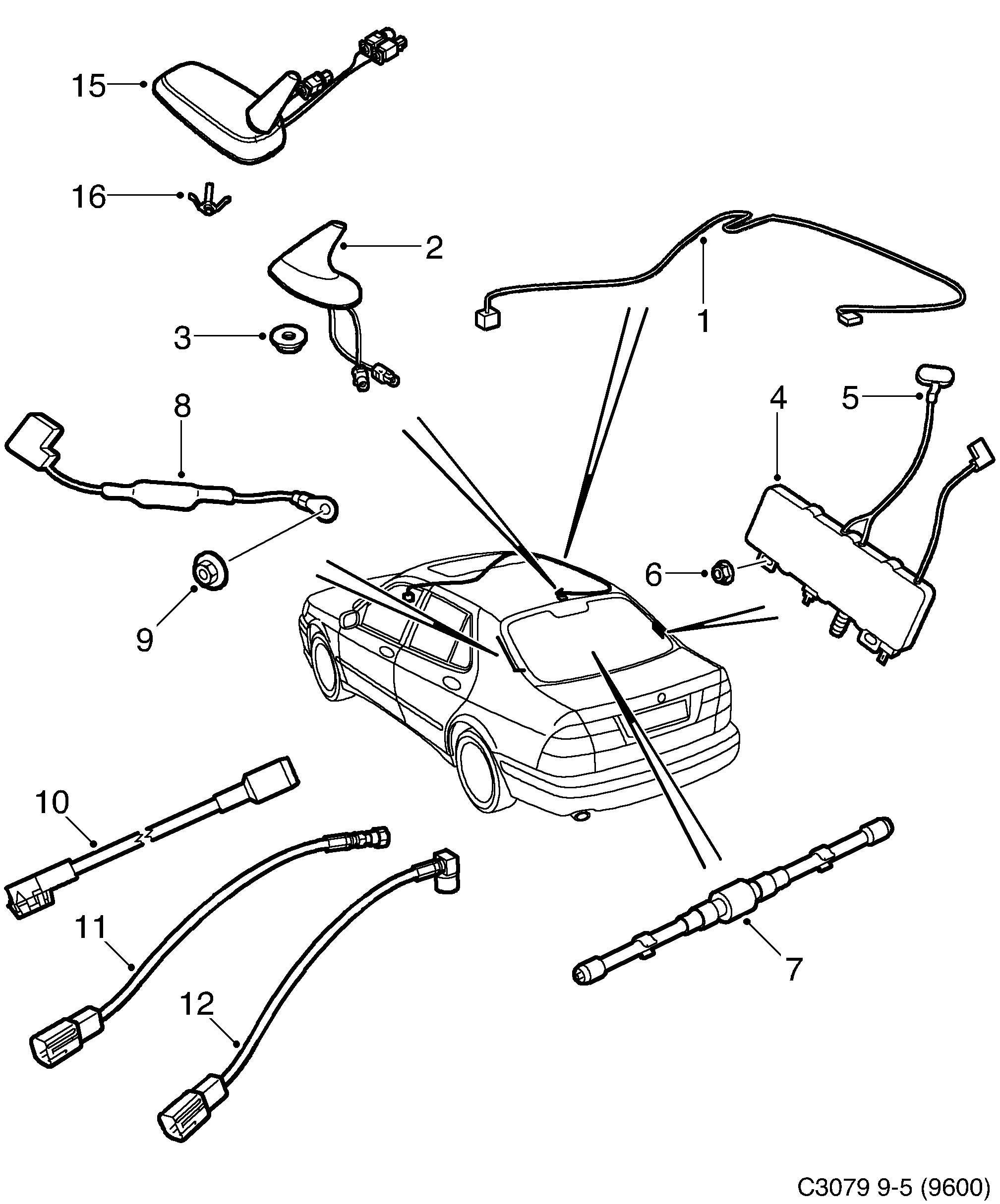 Saab 9-5 (9600) Antenna Antenna cable diagram