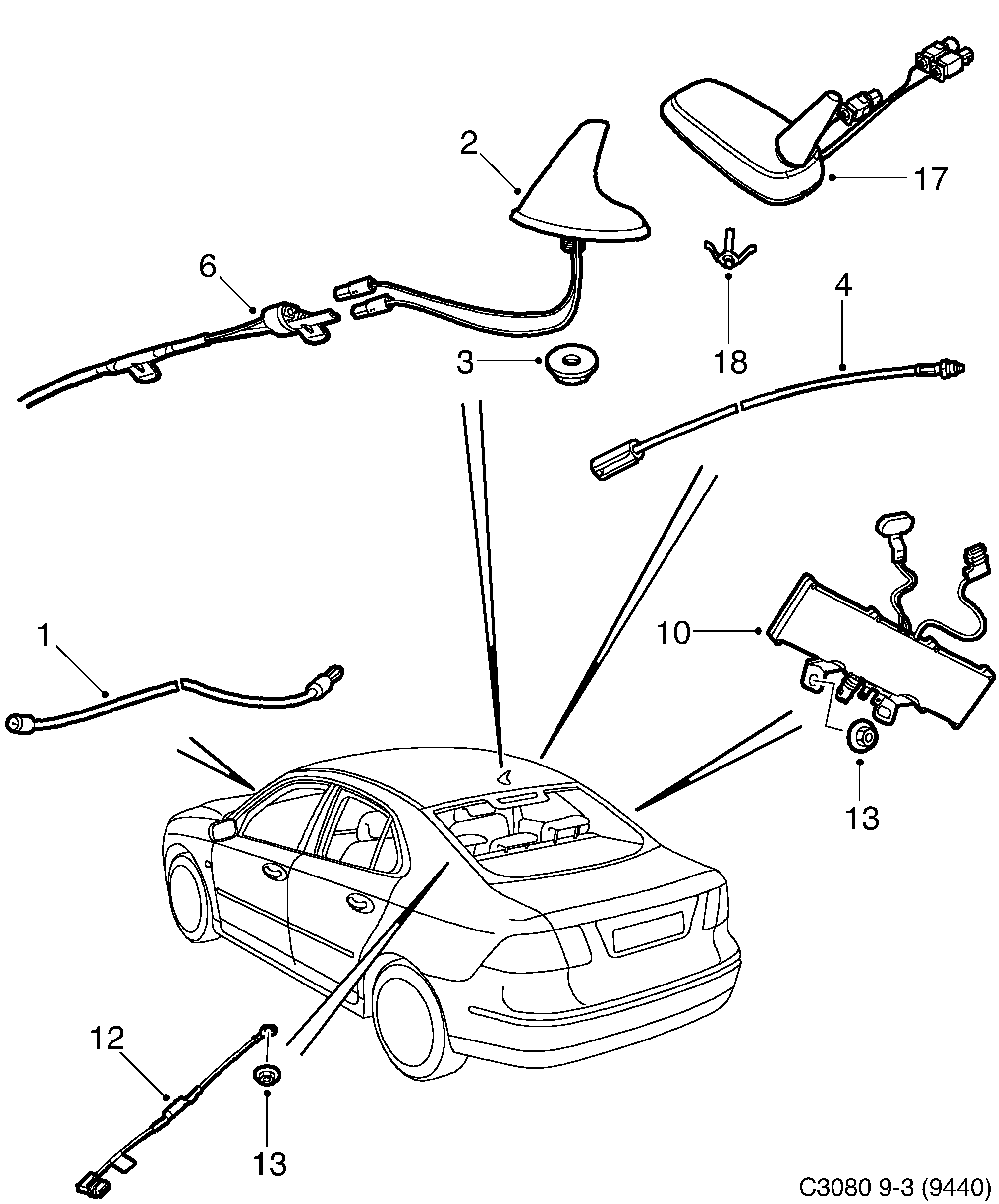 Saab 9-3 (9440) Antenna Antenna cable diagram