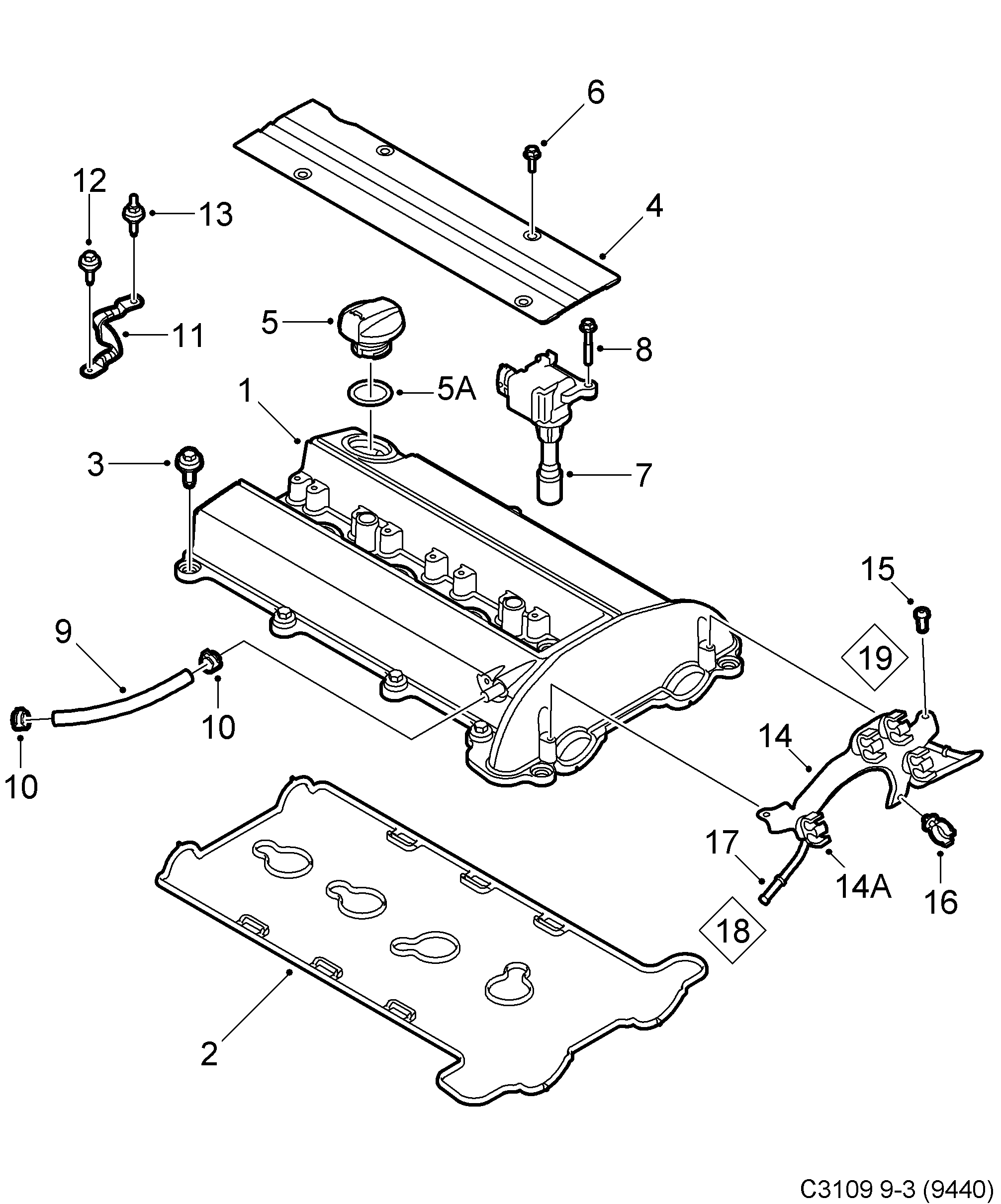 Saab 9-3 (9440) Valve cover diagram