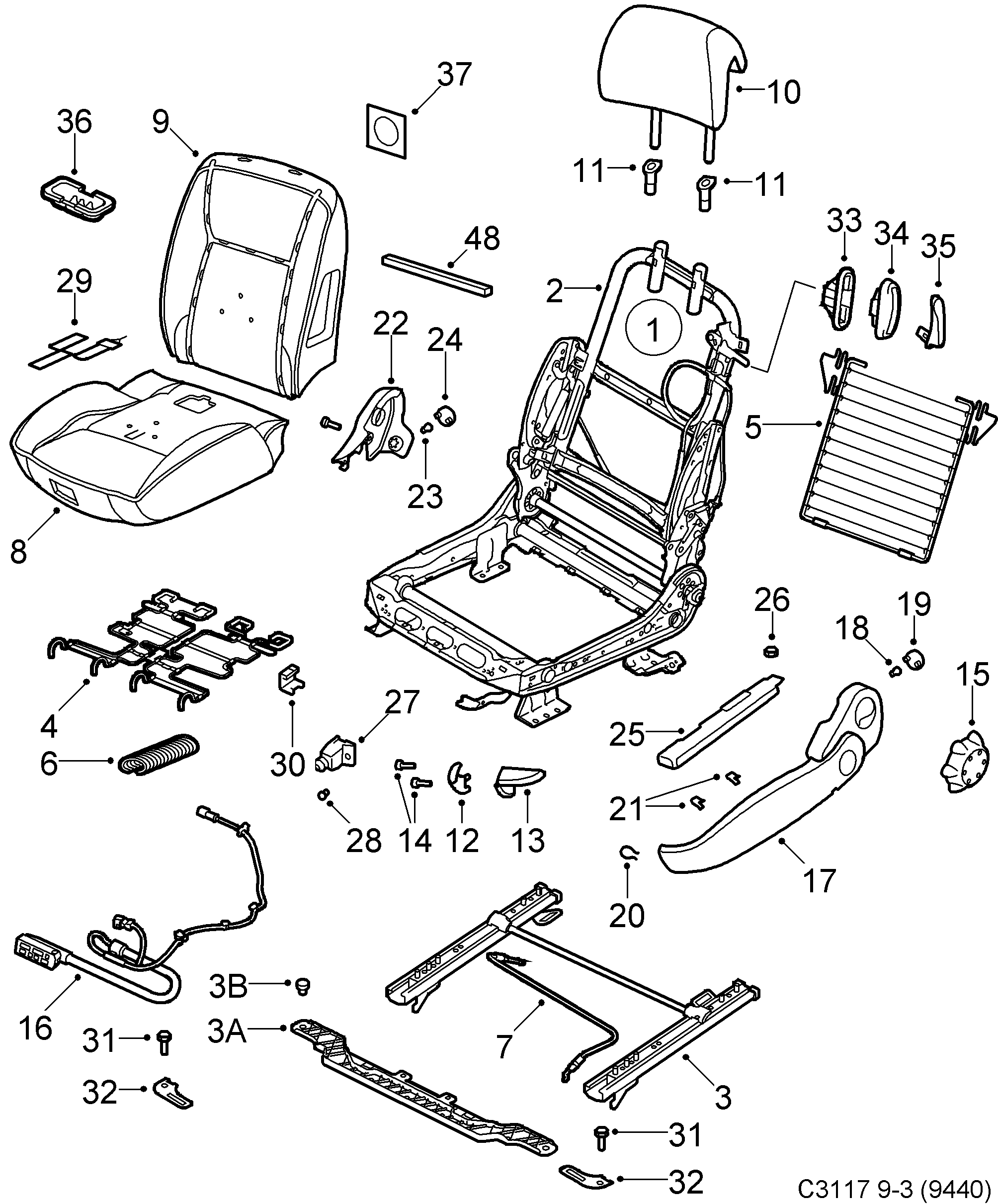 Saab 9-3 (9440) Seat Manuel. Foldable backrest diagram