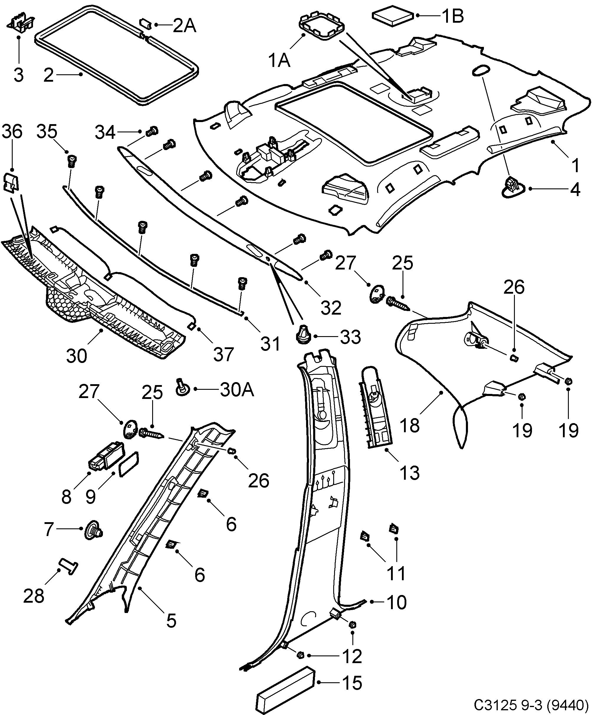 Saab 9-3 (9440) Headlining Pillar trim diagram