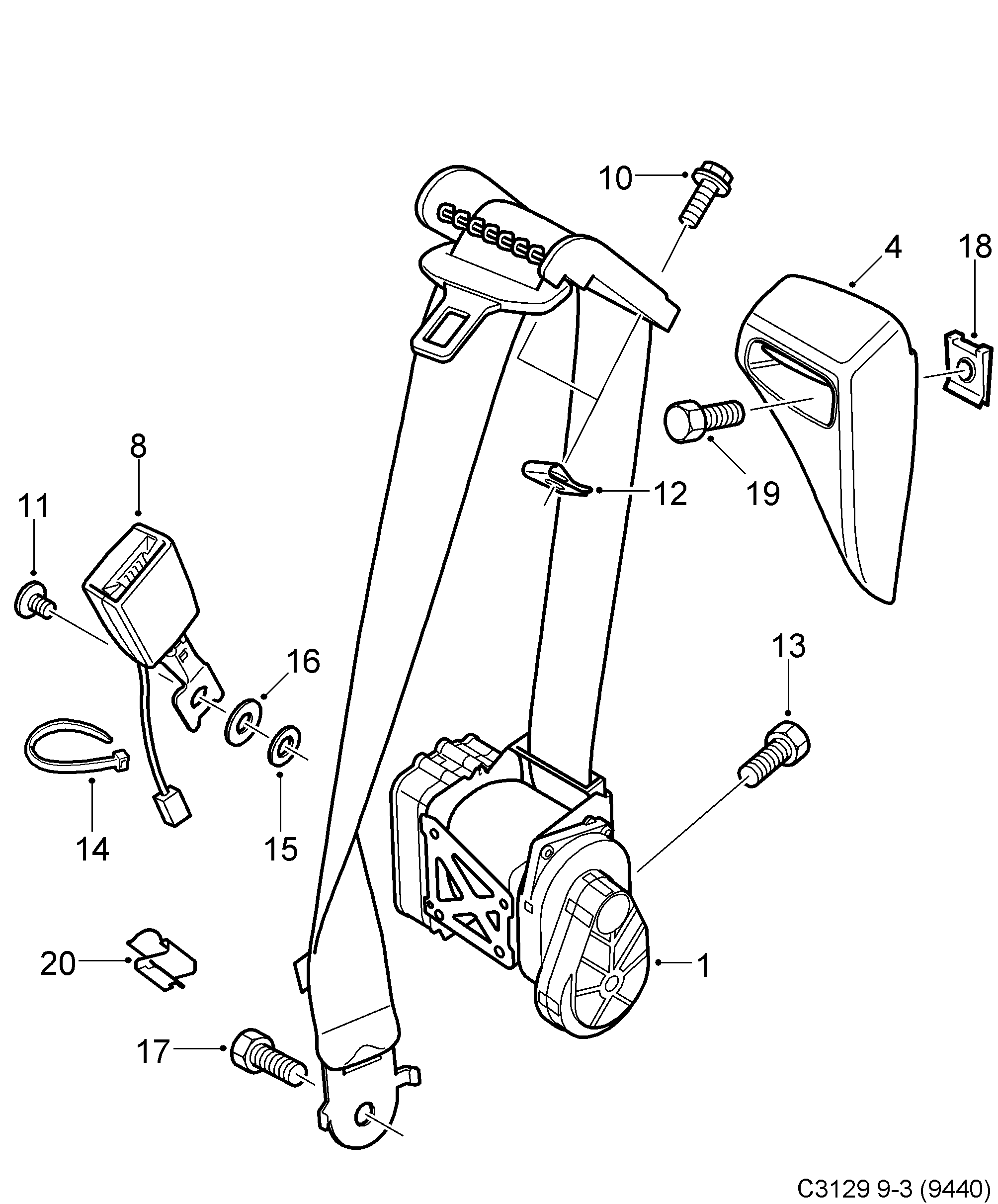 Saab 9-3 (9440) Safety belt, front seat diagram
