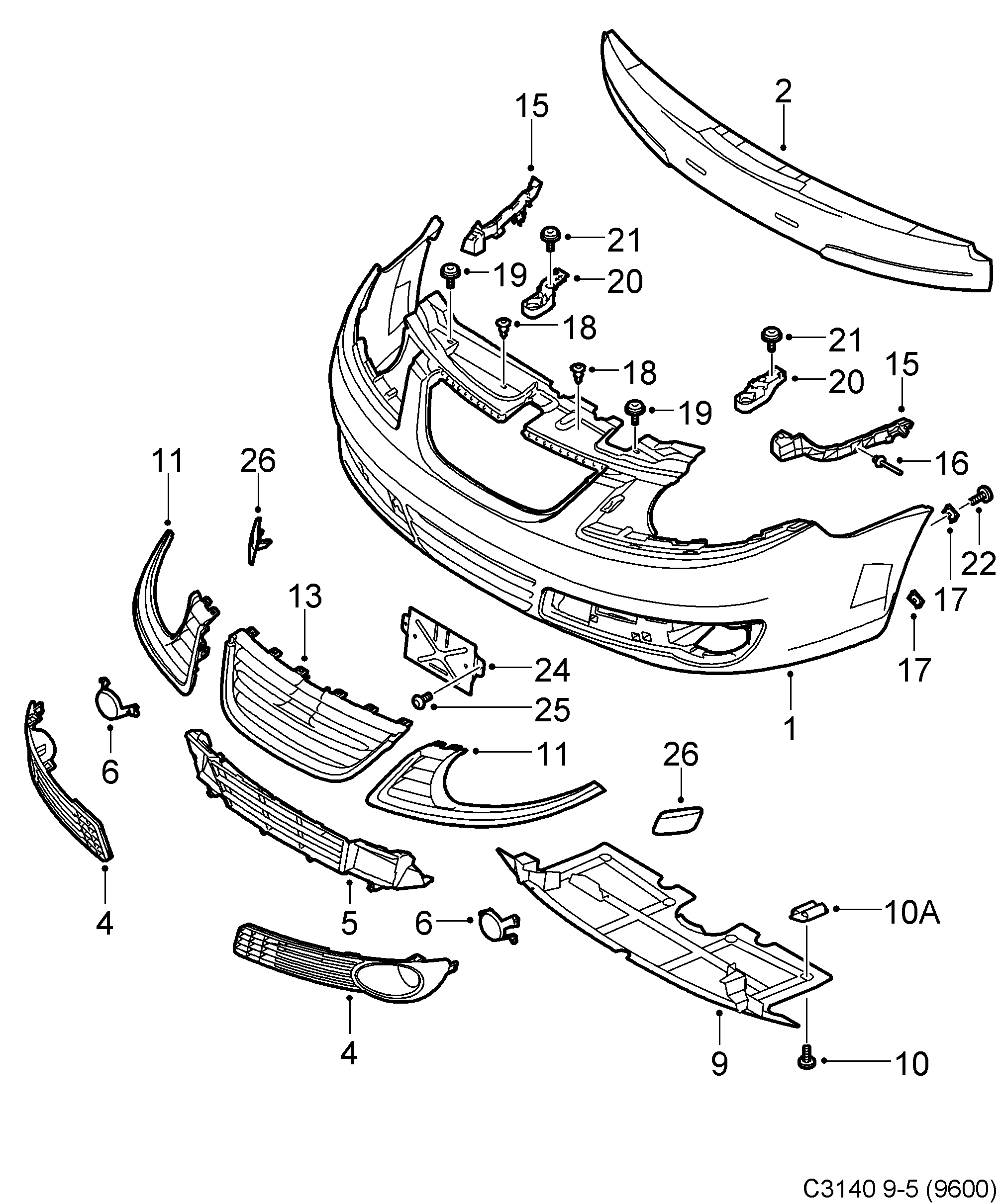 Saab 9-5 (9600) Bumper, front diagram