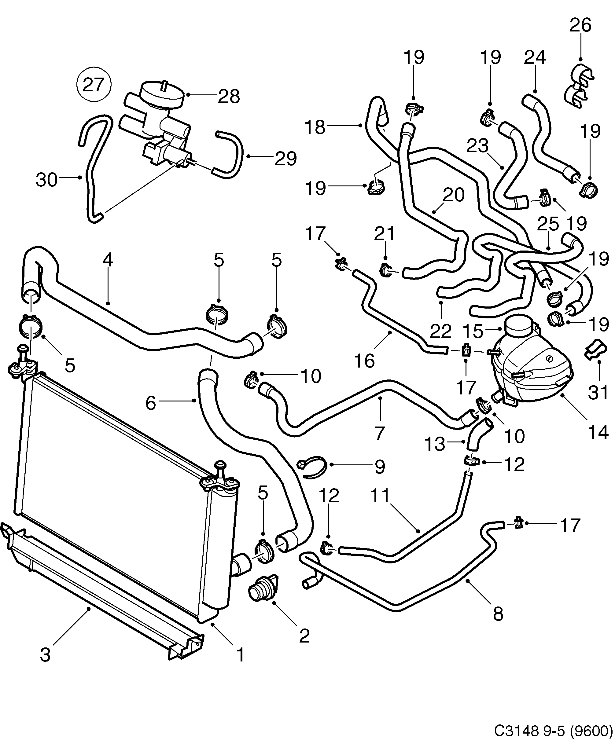 Saab 9-5 (9600) Radiator Expansion tank diagram