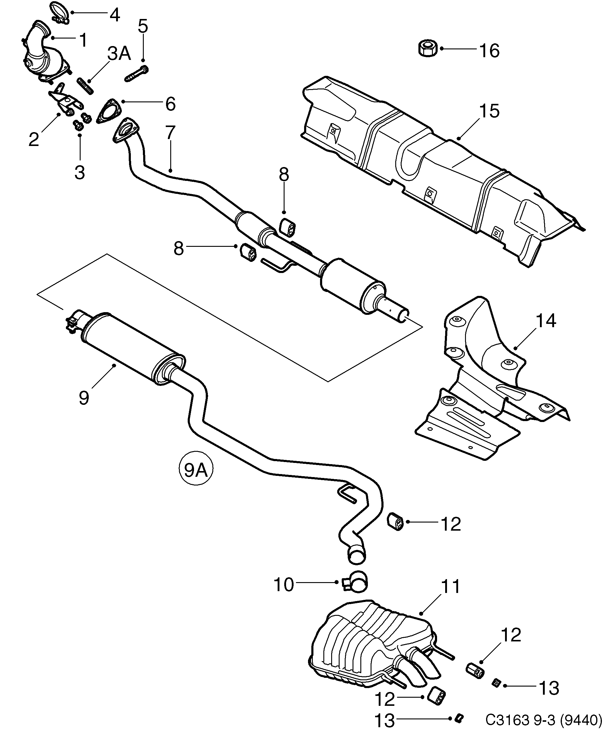 Saab 9-3 (9440) Exhaust system diagram