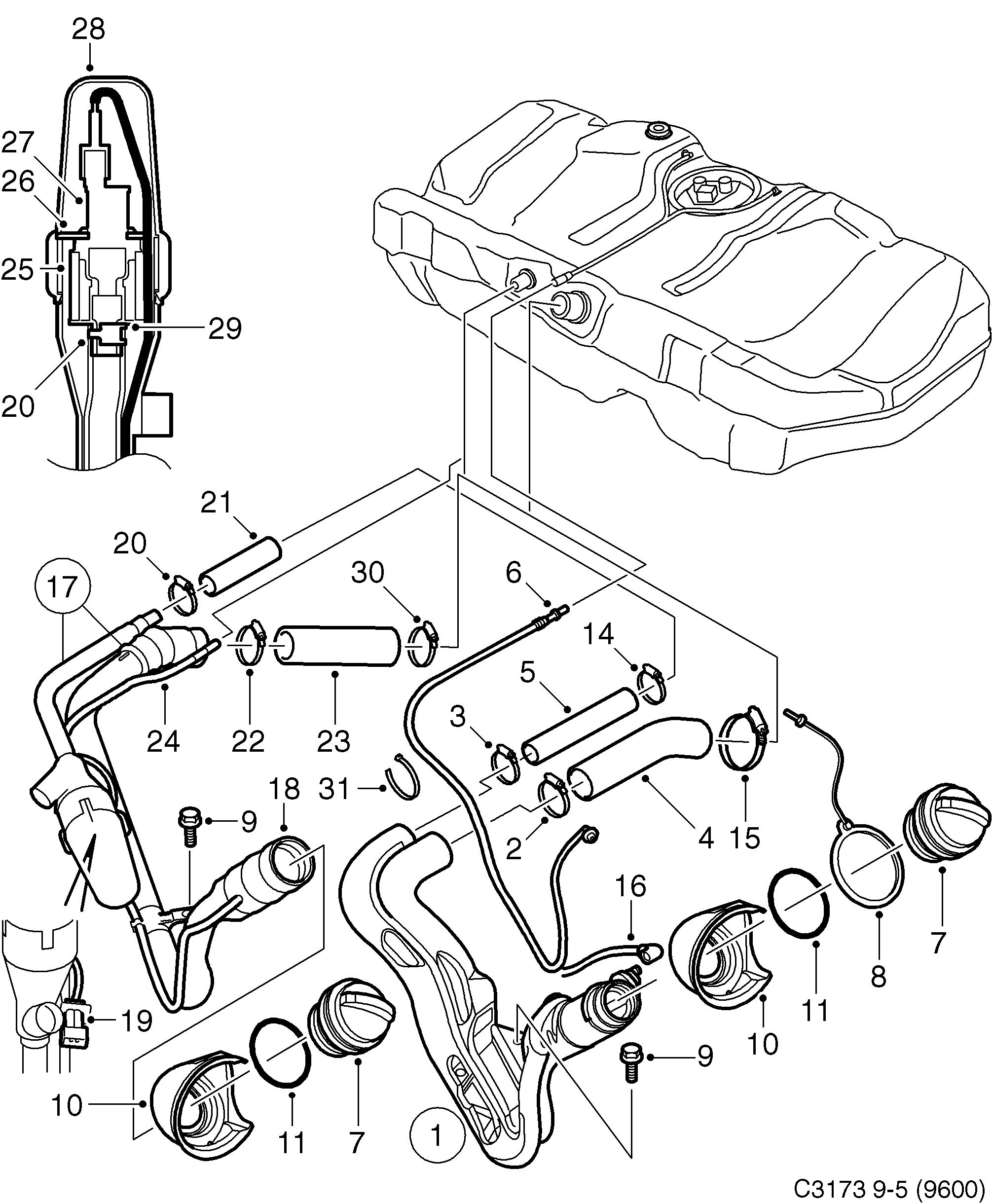 Saab 9-5 (9600) Filler pipe diagram