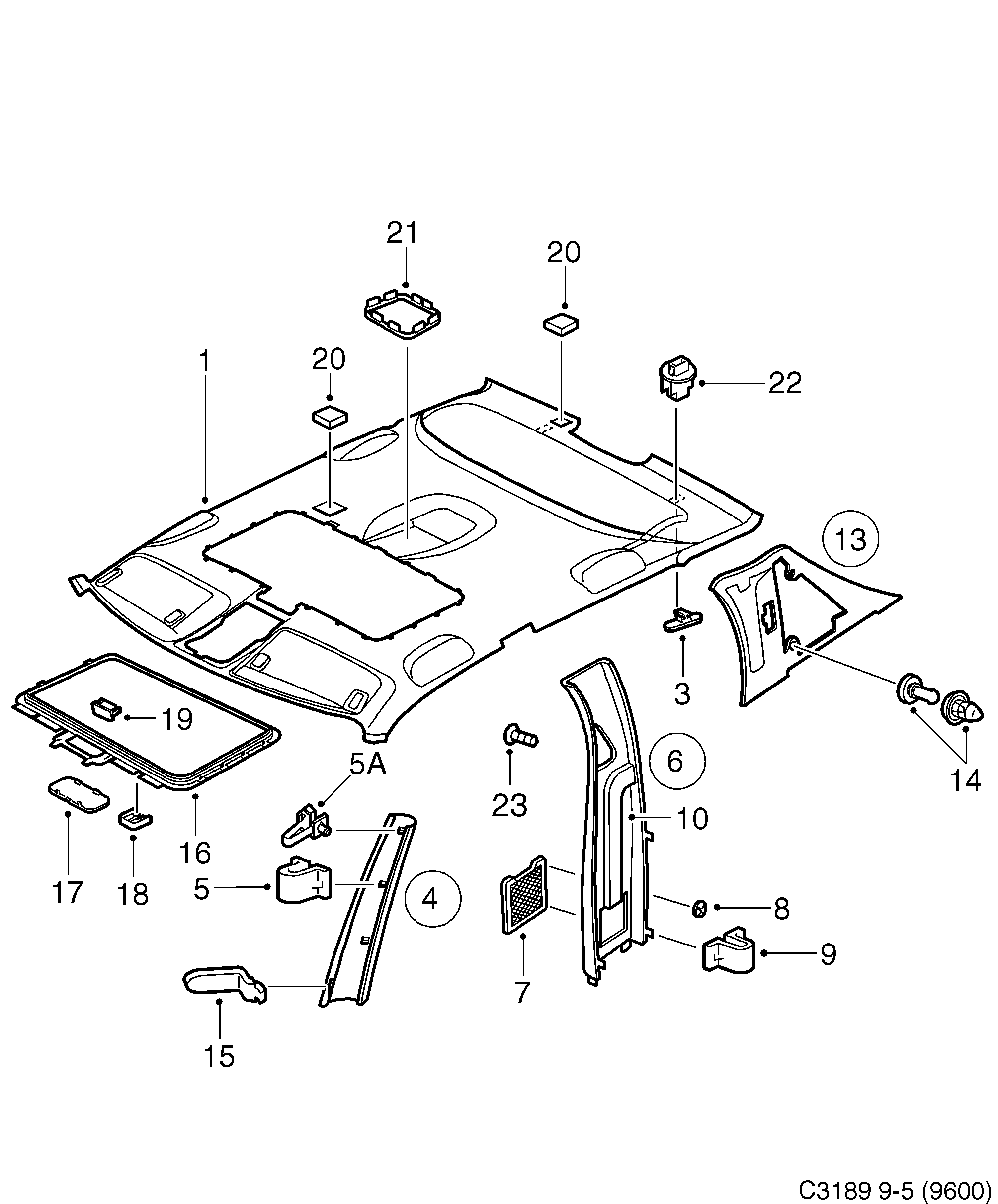 Saab 9-5 (9600) Head- and pillar lining diagram