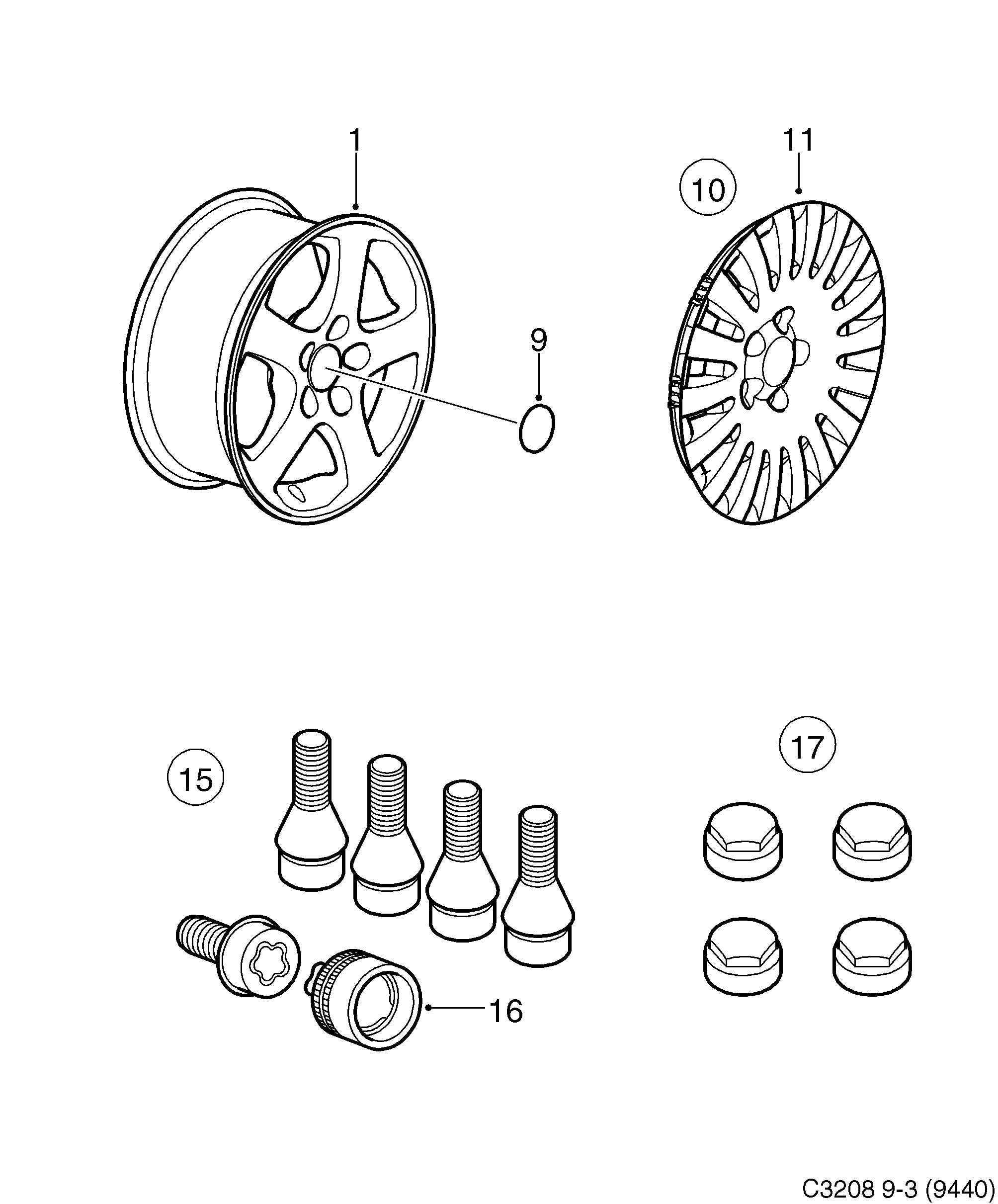 Saab 9-3 (9440) Wheel 15", Lockable wheel bolts diagram