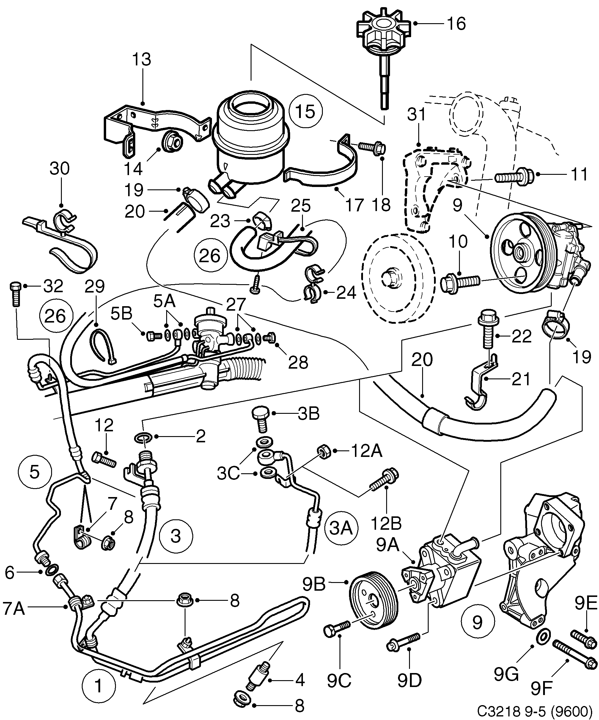 Saab 9-5 (9600) Pump, hydraulic oil hoses diagram