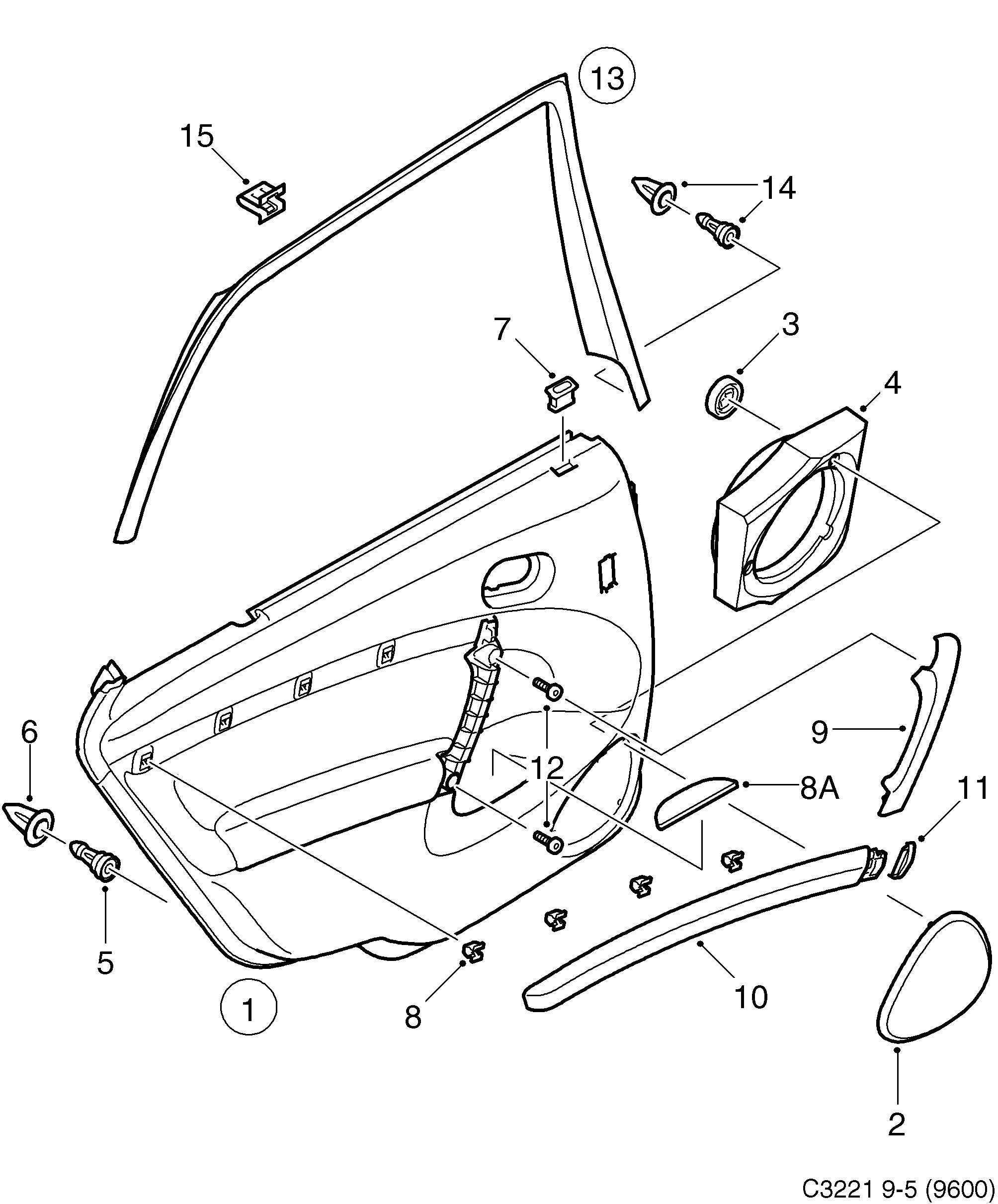 Saab 9-5 (9600) Door panel Rear door diagram