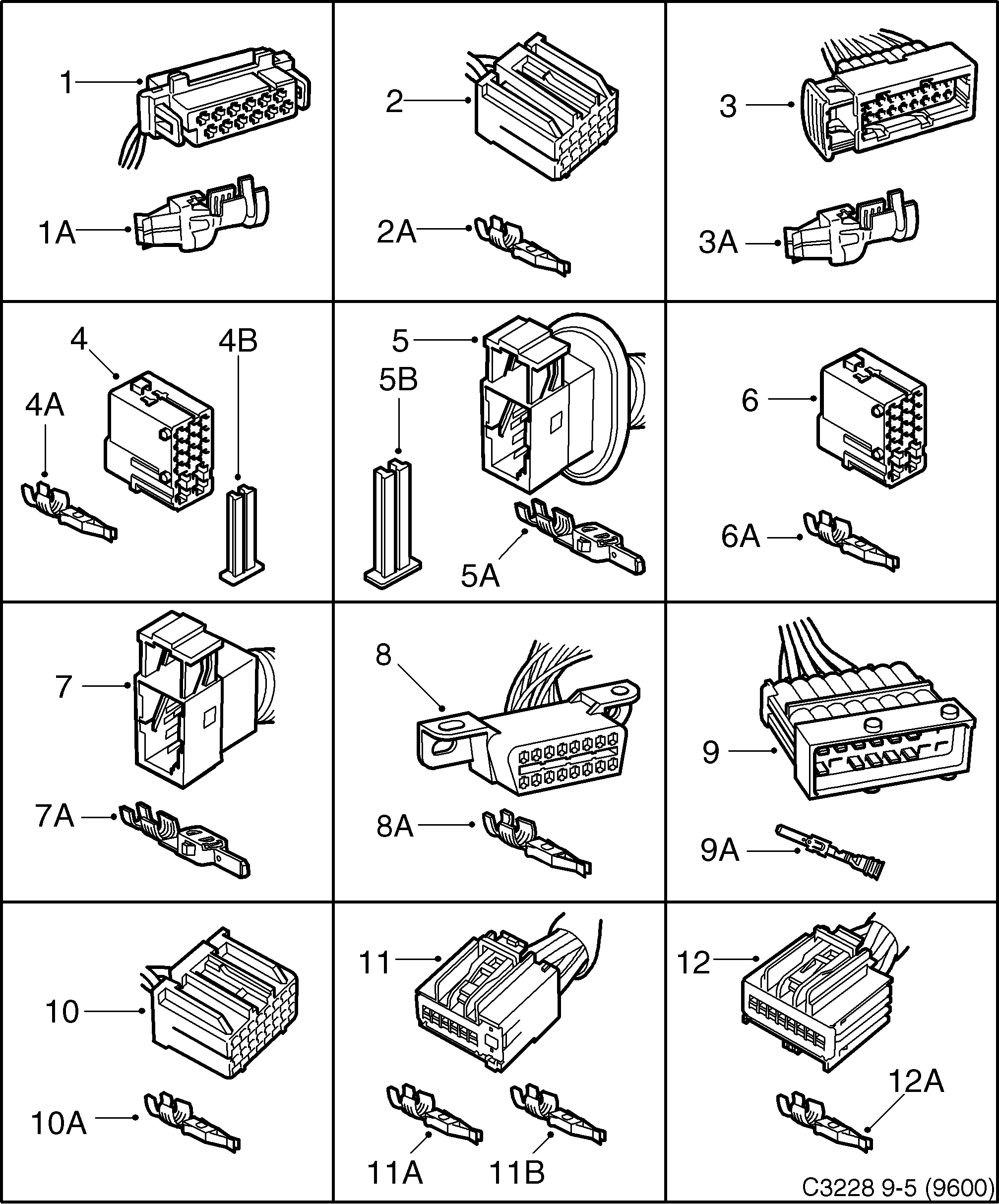 Saab 9-5 (9600) Connector housing etc 12-pin - 16-pin diagram