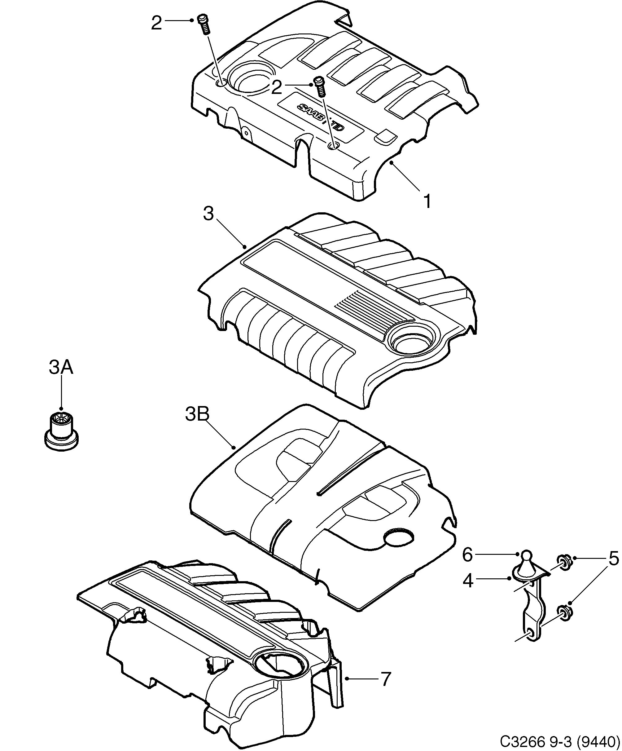 Saab 9-3 (9440) Engine bay cover diagram