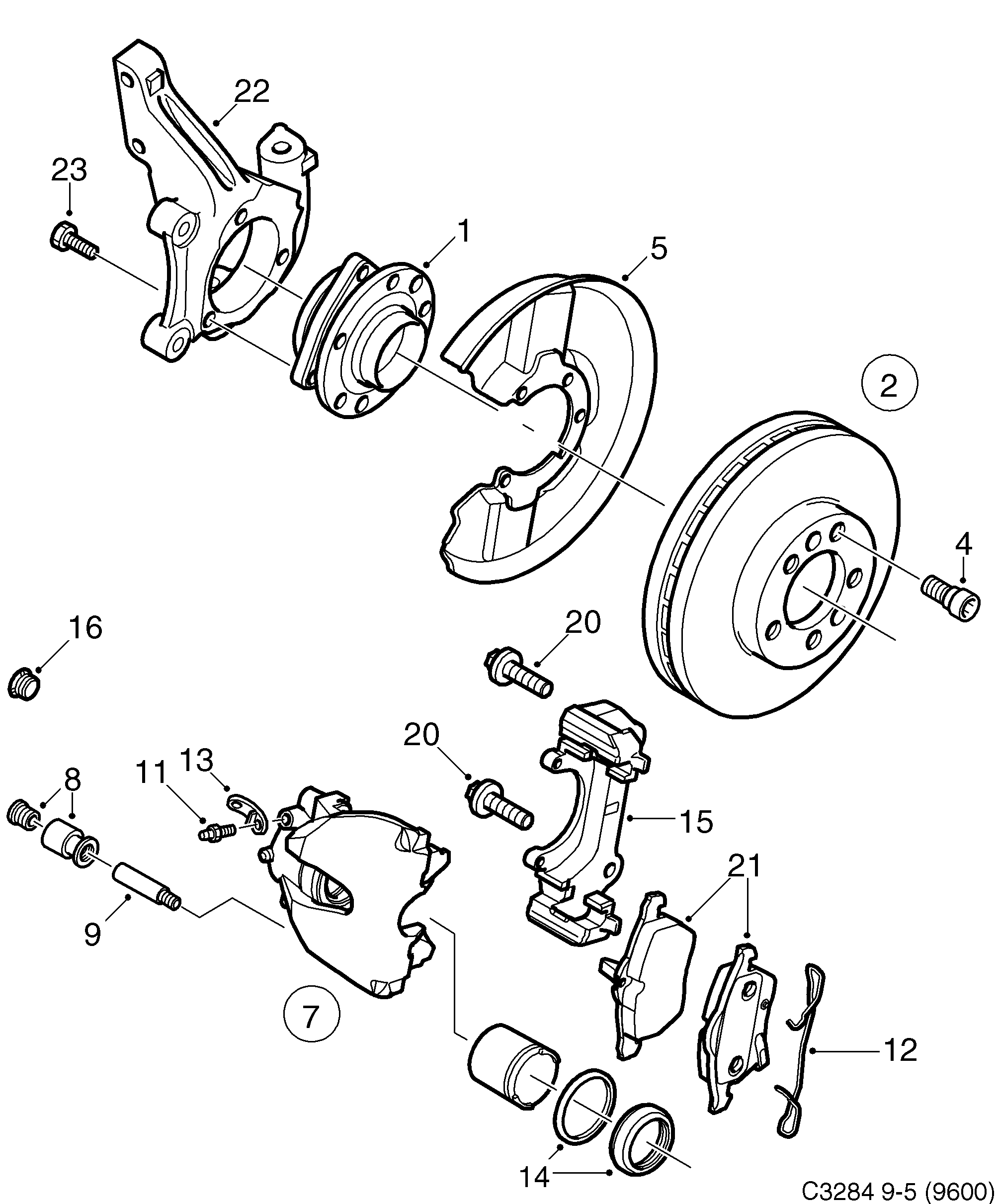 Saab 9-5 (9600) Front wheel brake diagram