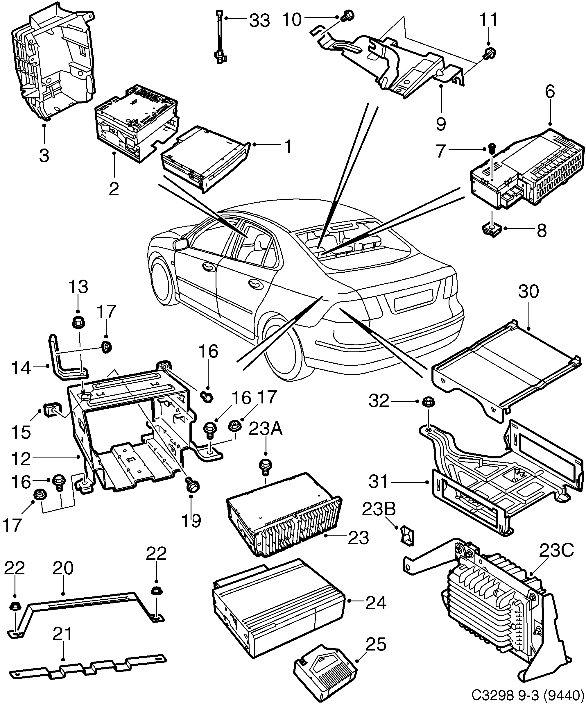 Saab 9-3 (9440) Radio, booster, CD changer diagram