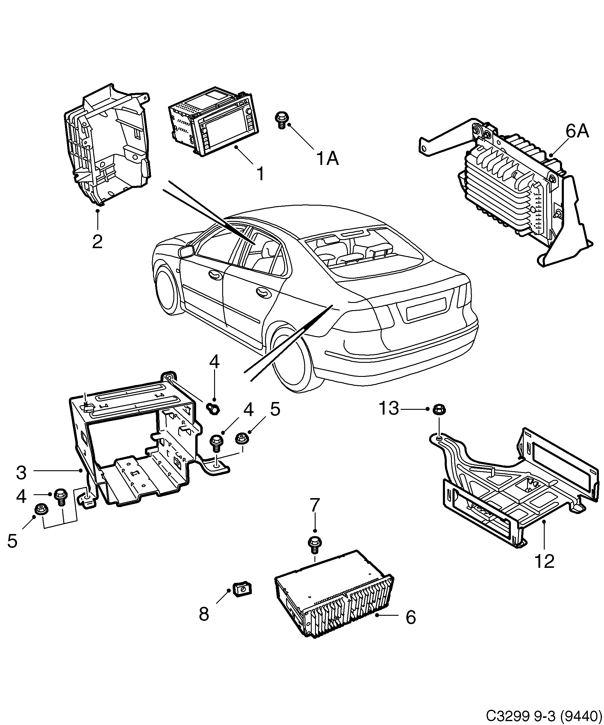 Saab 9-3 (9440) Radio, booster, CD changer diagram