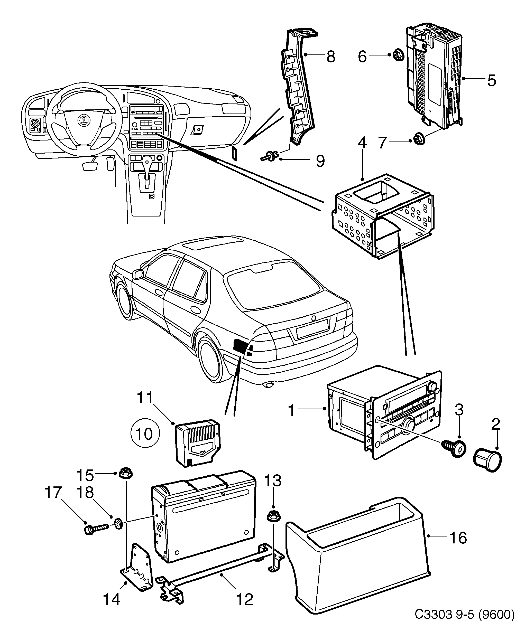 Saab 9-5 (9600) Radio, booster, CD changer diagram