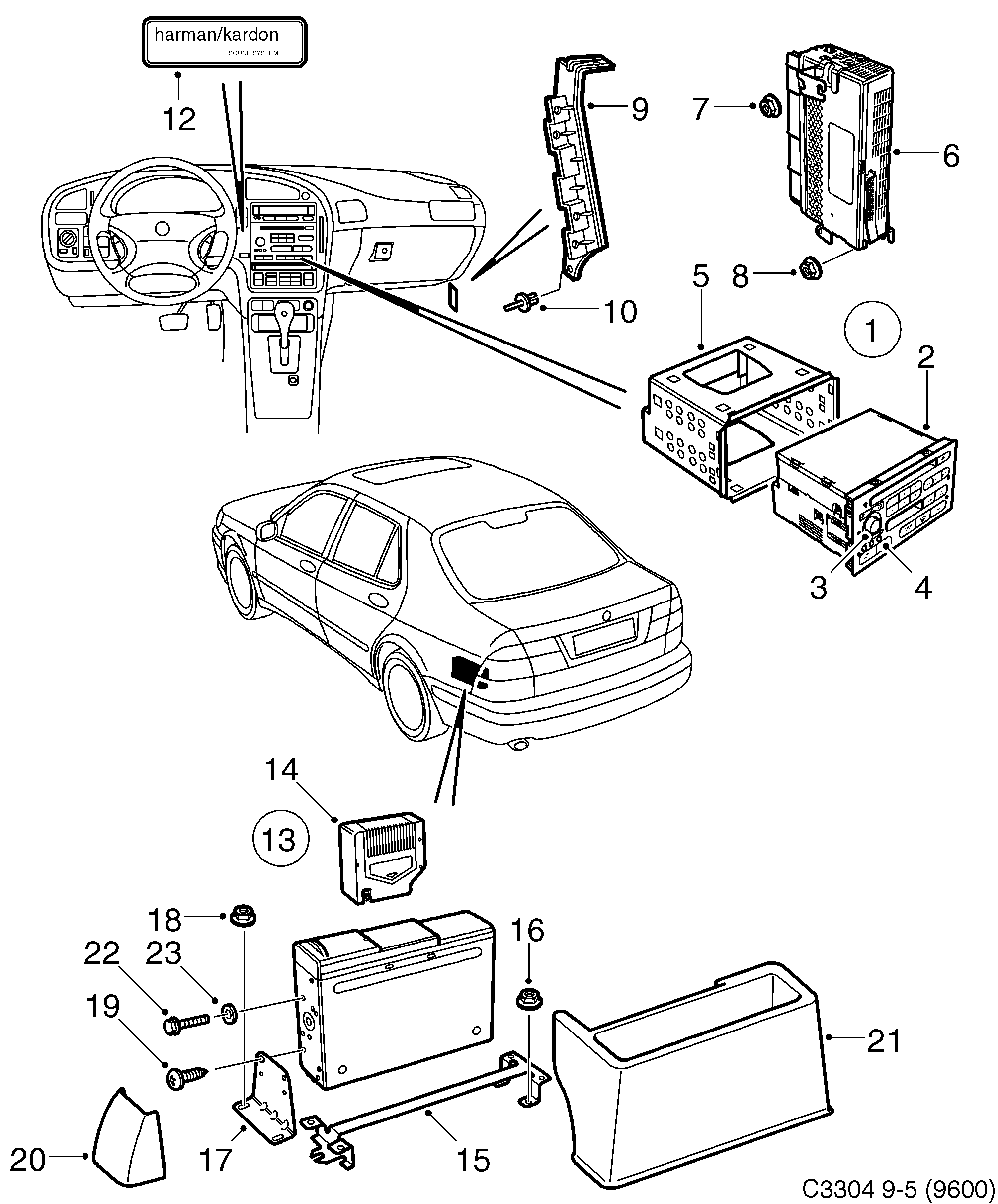 Saab 9-5 (9600) Radio, booster, CD changer diagram