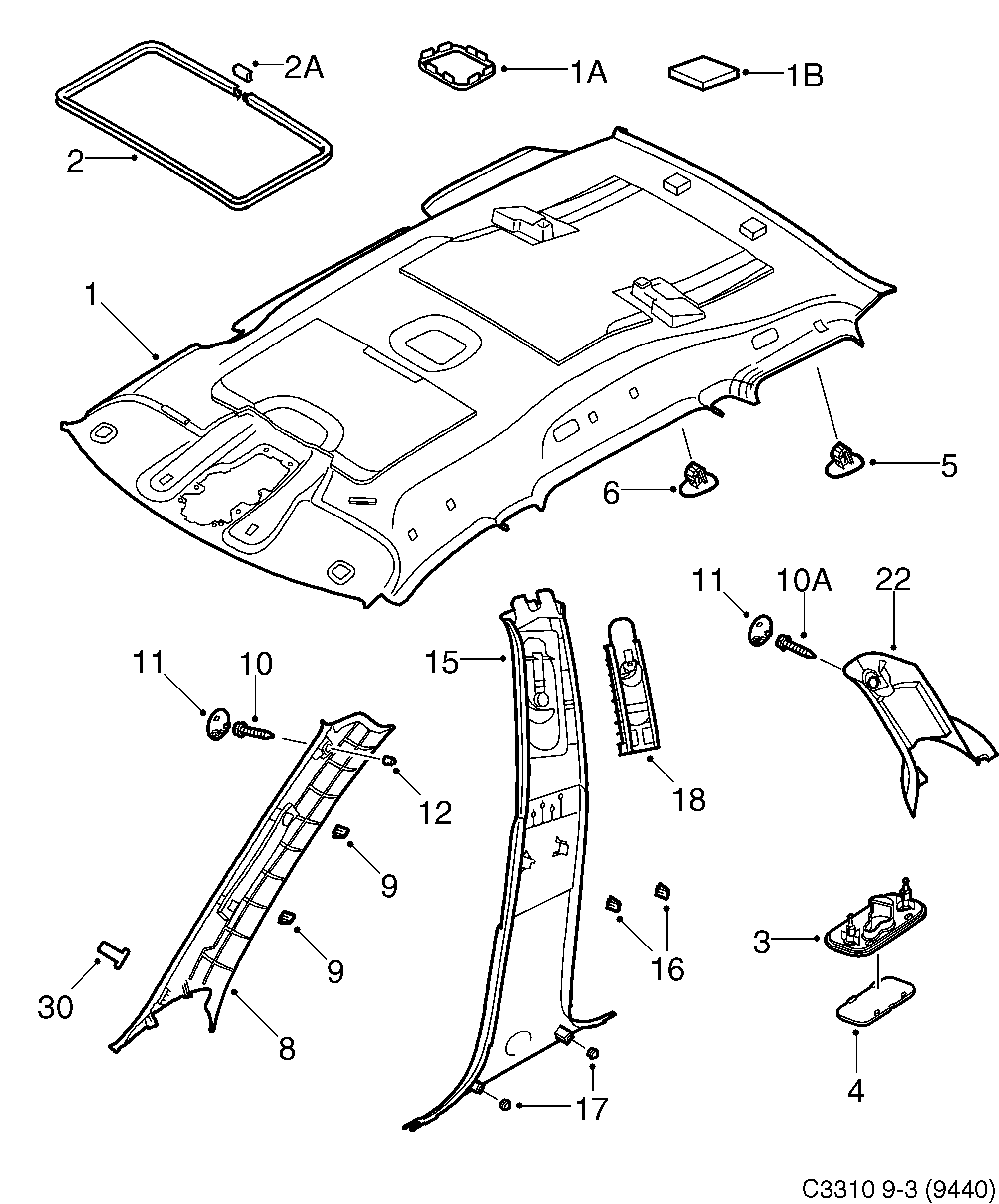 Saab 9-3 (9440) Head lining Pillar trim diagram