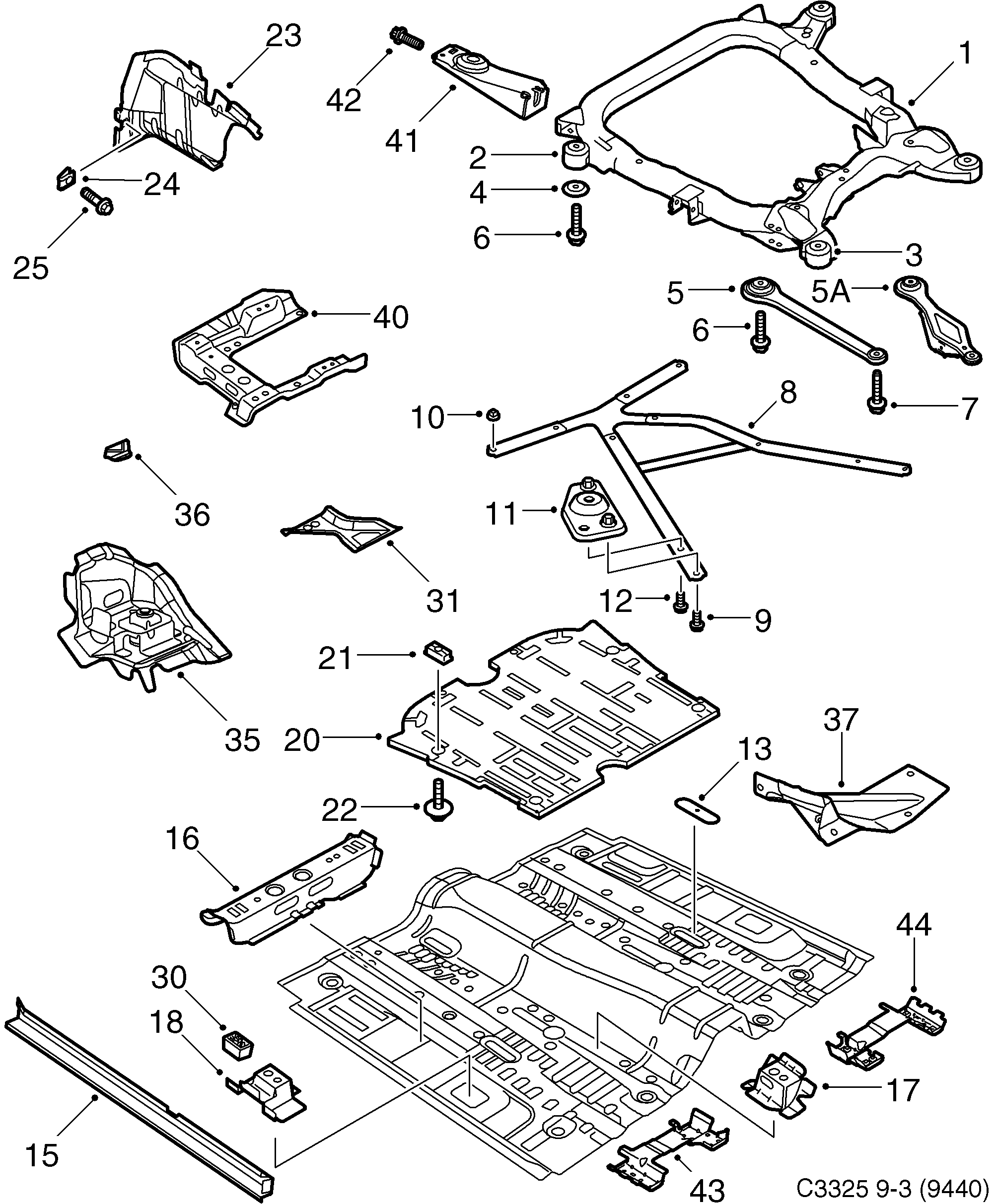 Saab 9-3 (9440) Front and centre floor diagram