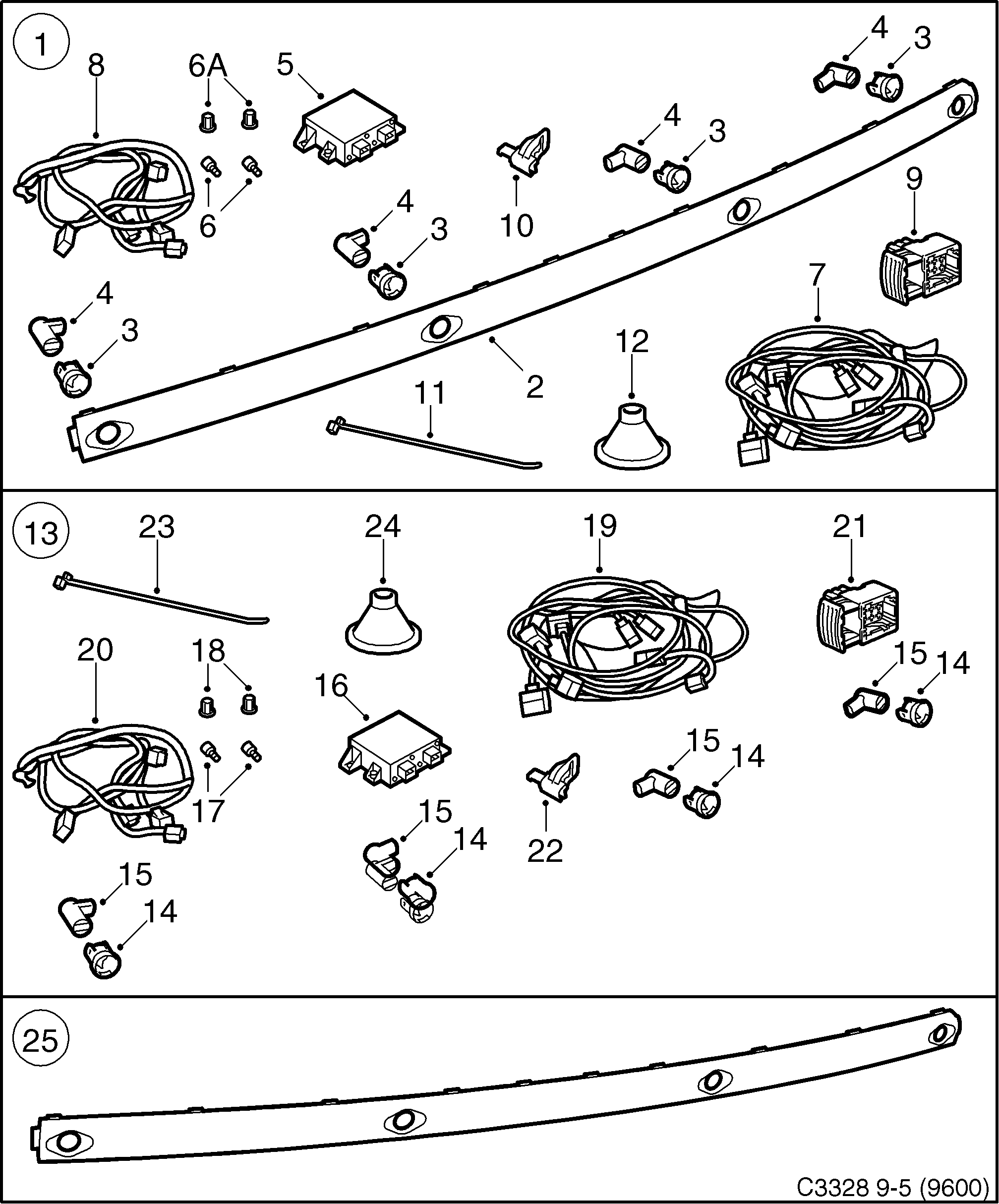 Saab 9-5 (9600) Saab Parking Assistance (SPA) diagram