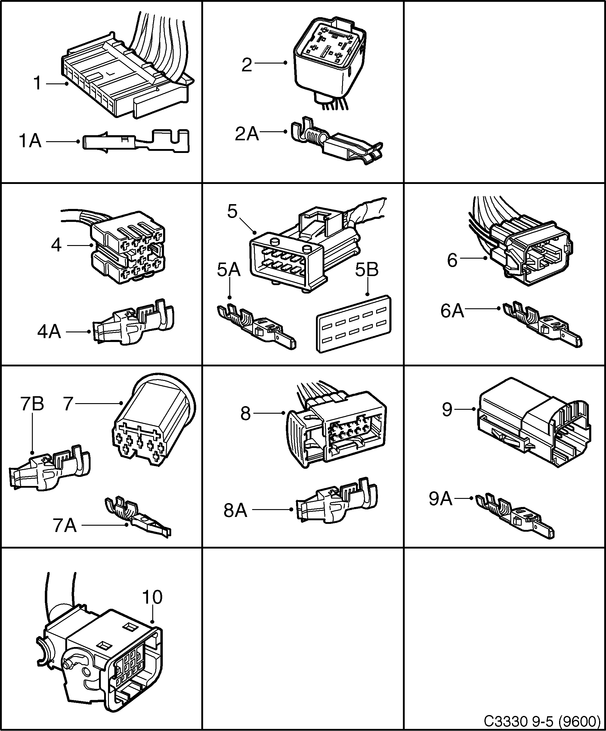 Saab 9-5 (9600) Connector housing etc 9-pin - 11-pin diagram