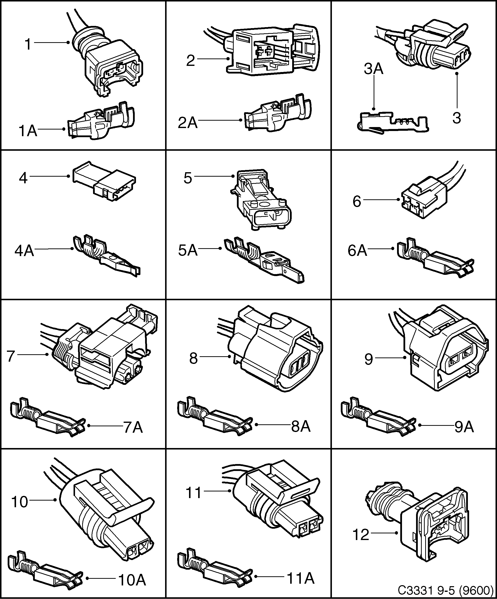 Saab 9-5 (9600) Connector housing etc 2-pole diagram