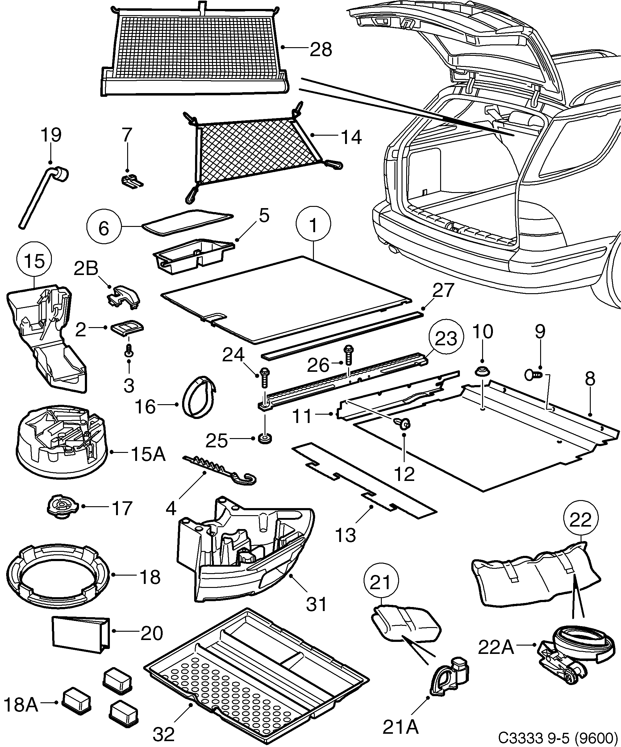 Saab 9-5 (9600) Equipment luggage diagram