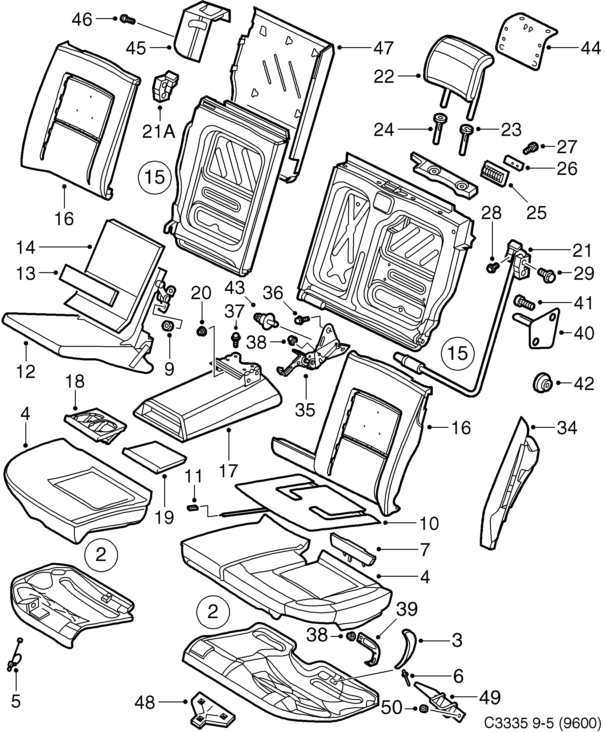 Saab 9-5 (9600) Rear seat diagram