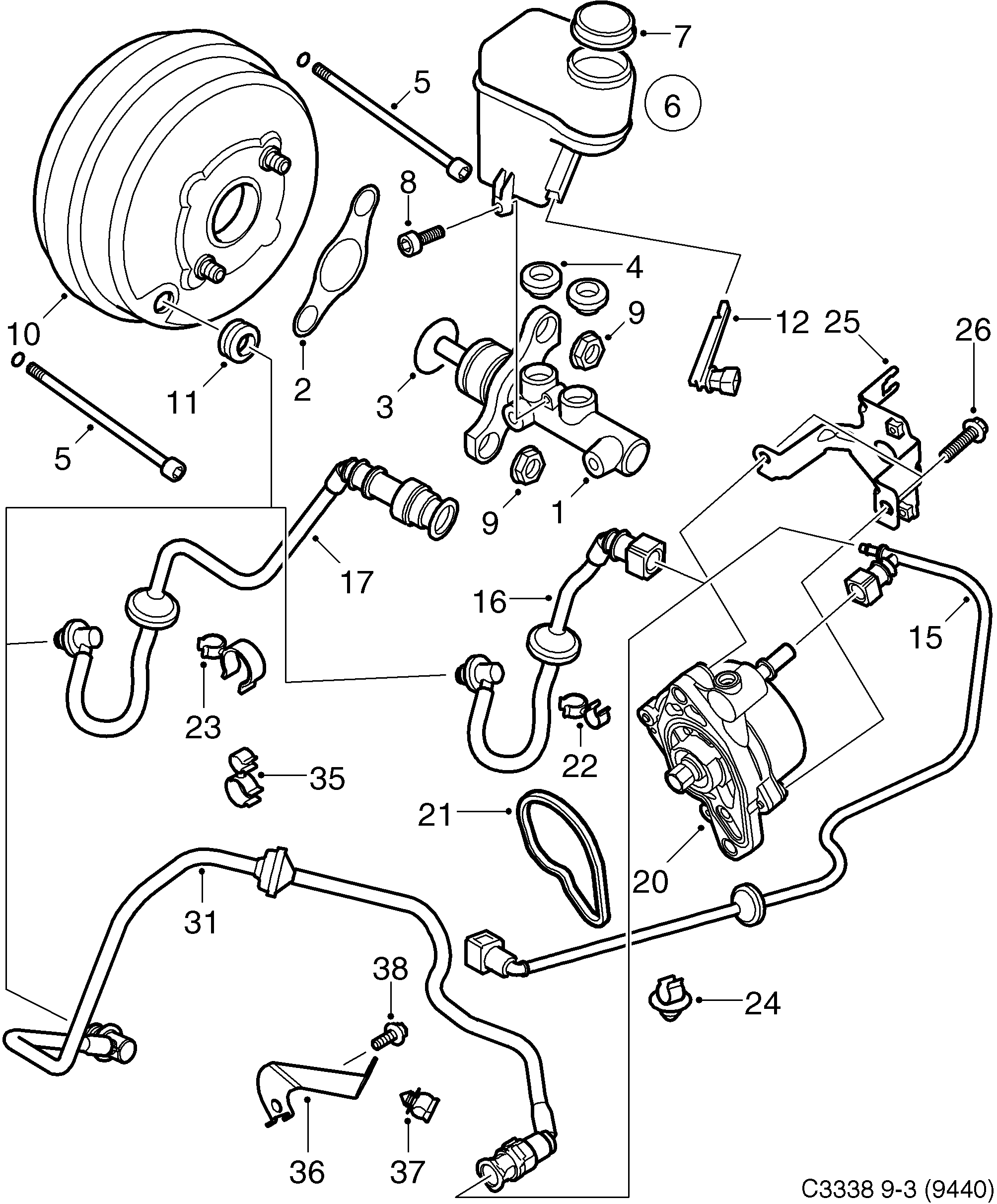 Saab 9-3 (9440) Master cylinder vacuum brake booster diagram