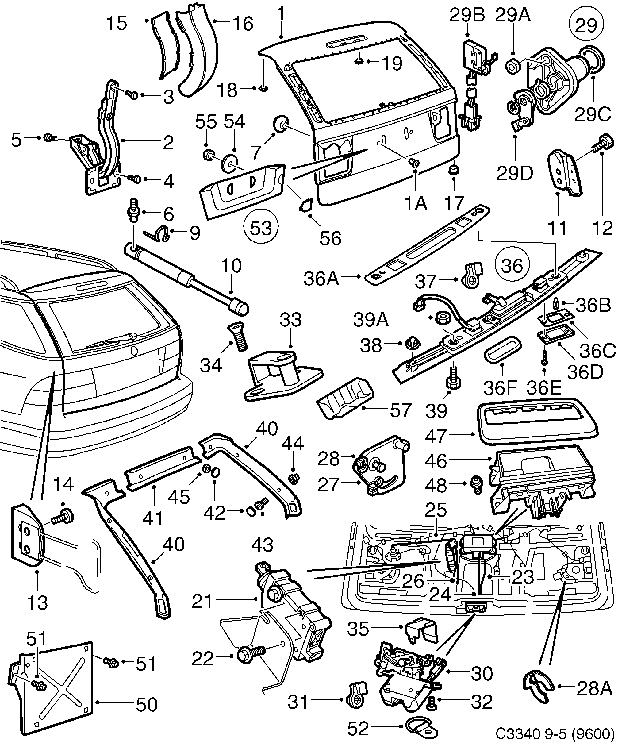 Saab 9-5 (9600) Tail gate diagram