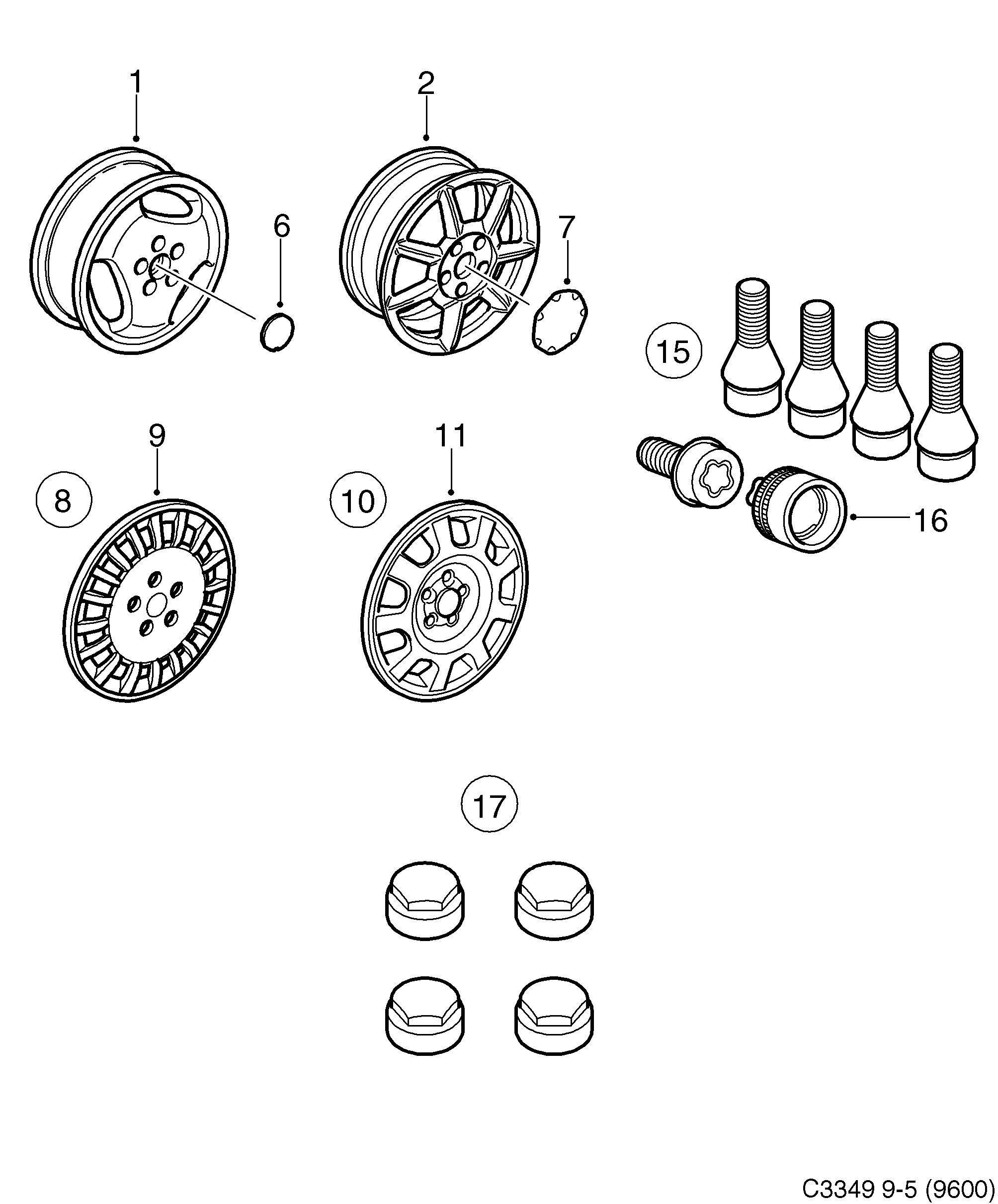 Saab 9-5 (9600) Wheel 15", Lockable wheel bolts diagram