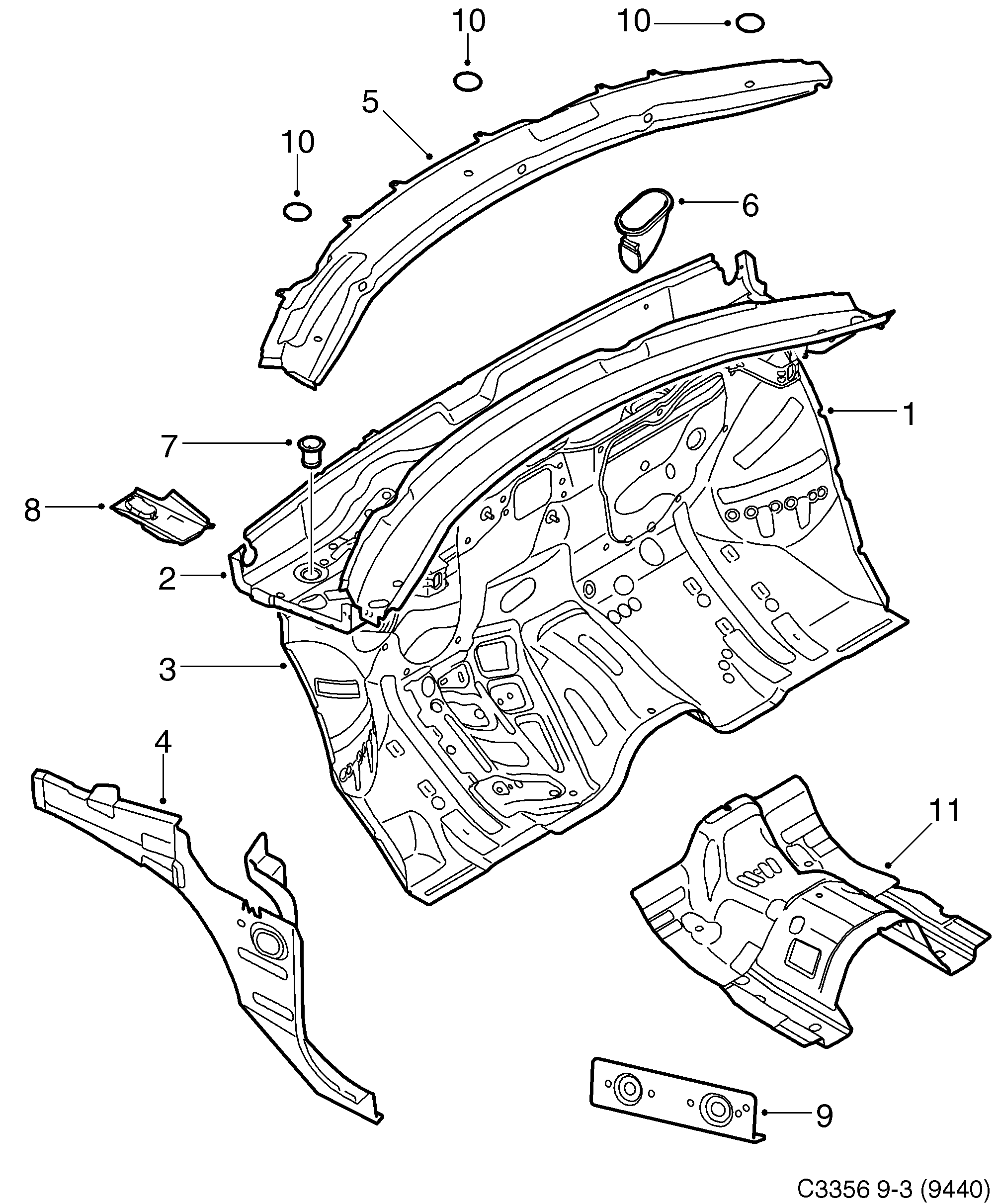 Saab 9-3 (9440) Cowl plate diagram