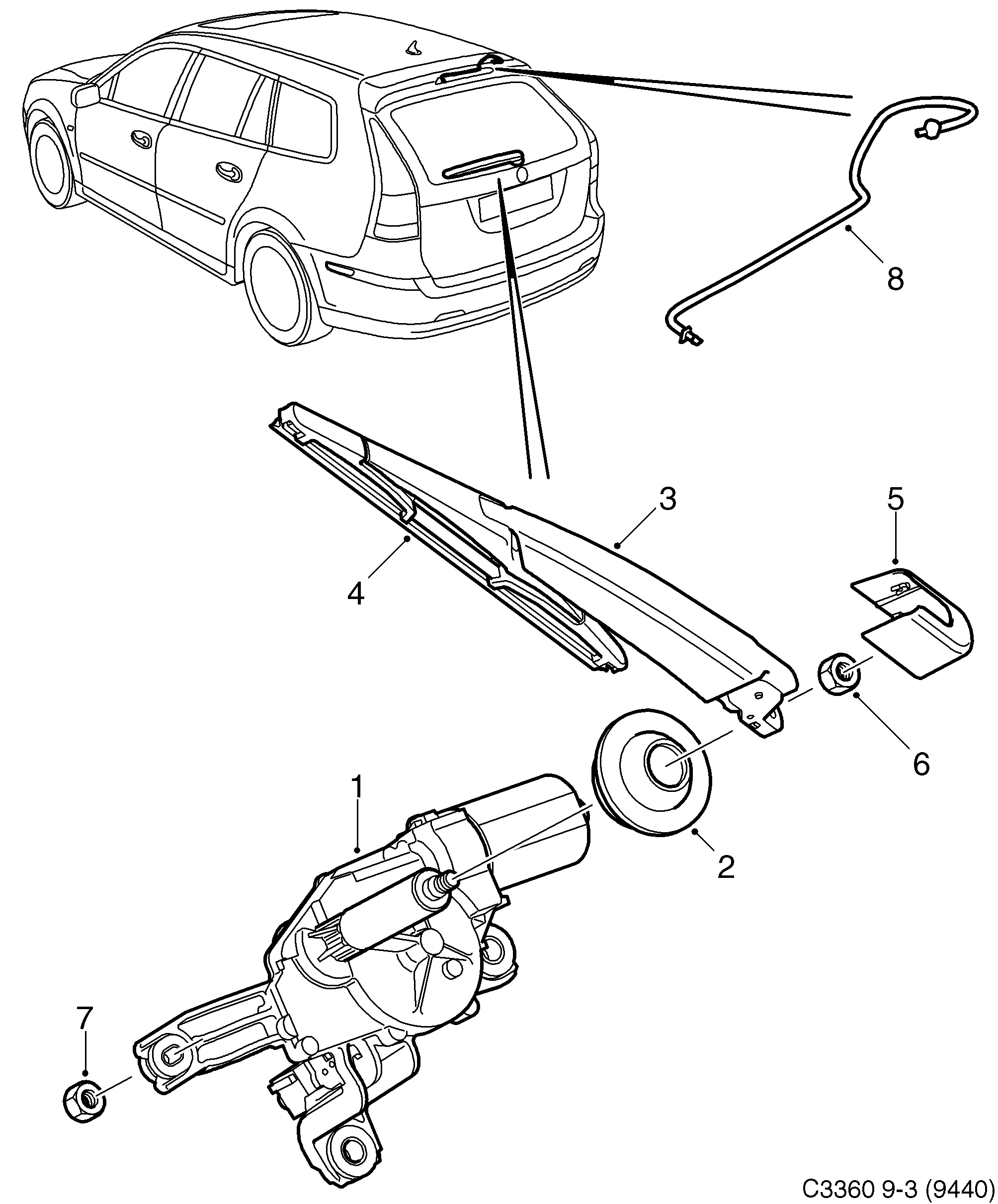 Saab 9-3 (9440) Rear window wiper diagram