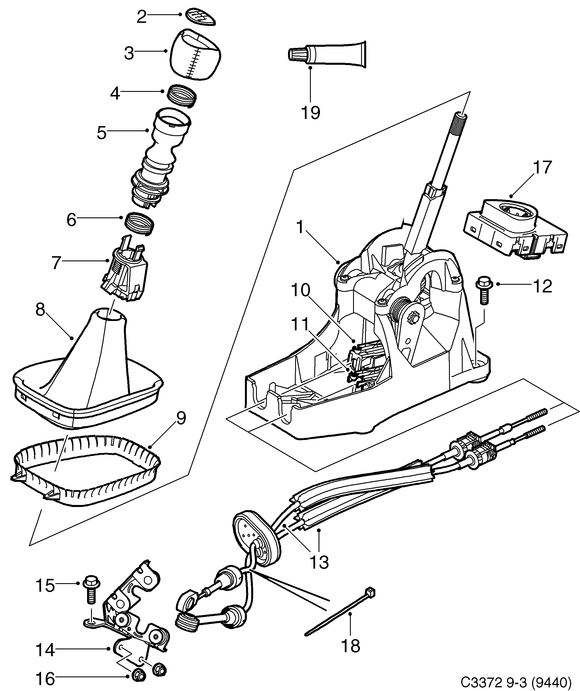 Saab 9-3 (9440) Gear shift housing Shift lever diagram